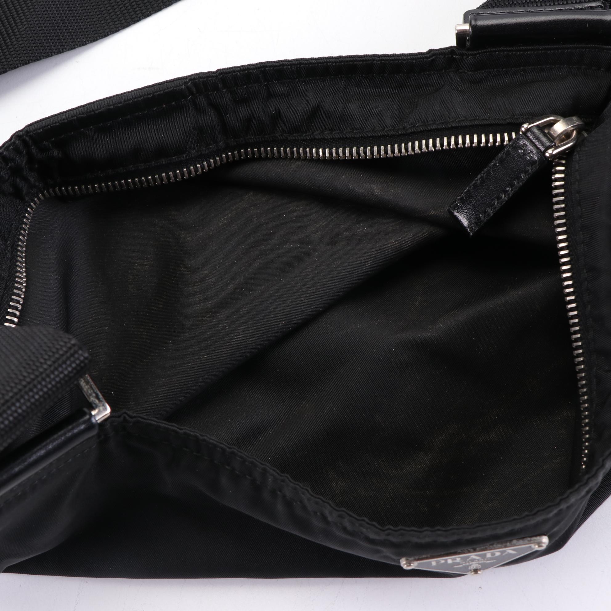Prada Small Zip Crossbody Bag in Black Nylon Gabardine with Leather Trim