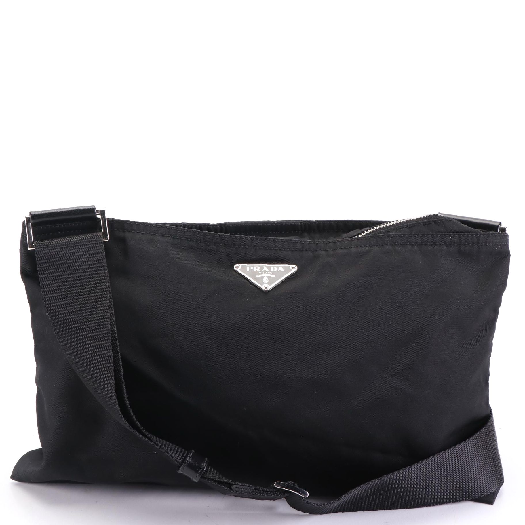 Prada Small Zip Crossbody Bag in Black Nylon Gabardine with Leather Trim