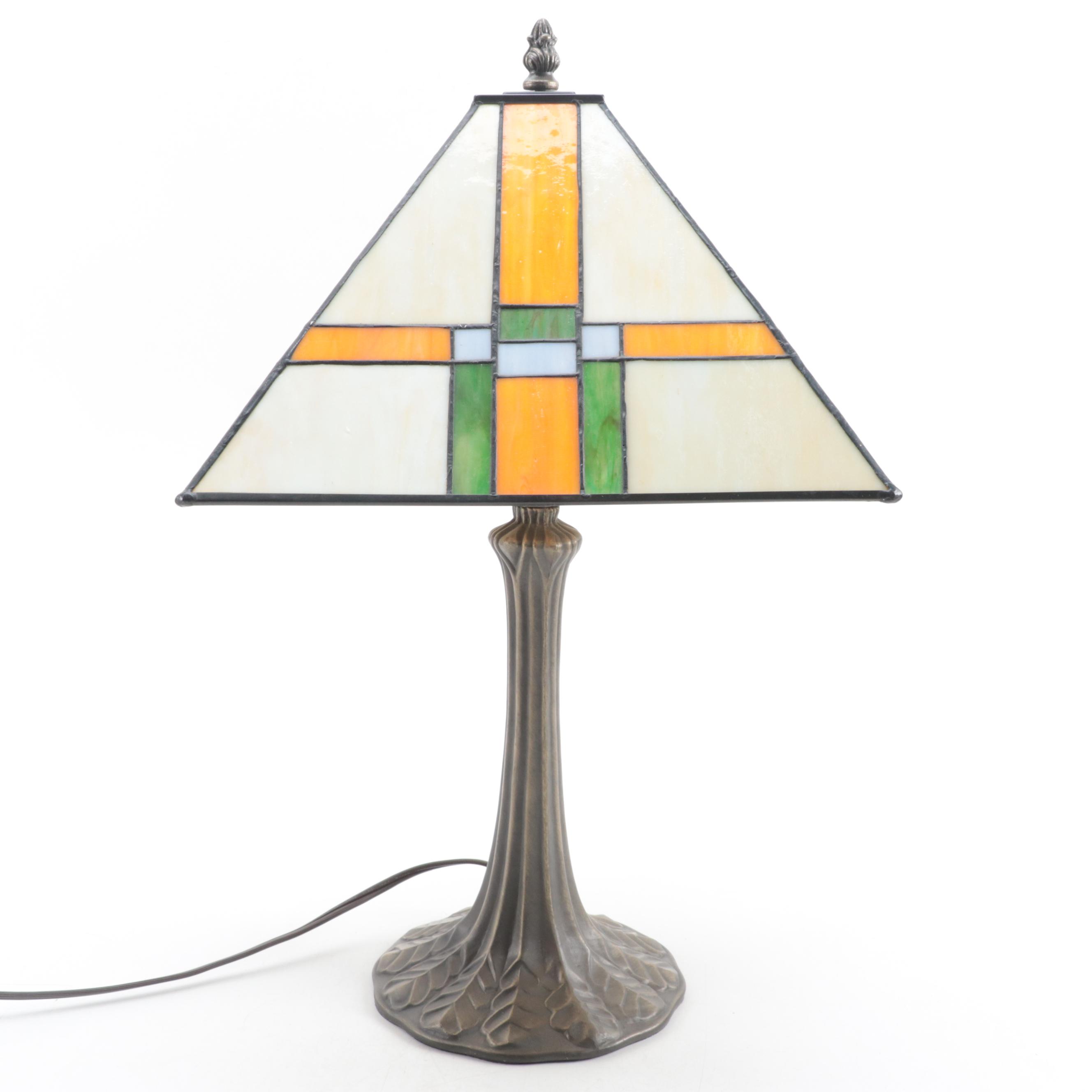 Mission Style Slag Glass With Pressed Metal Table Lamp, Contemporary