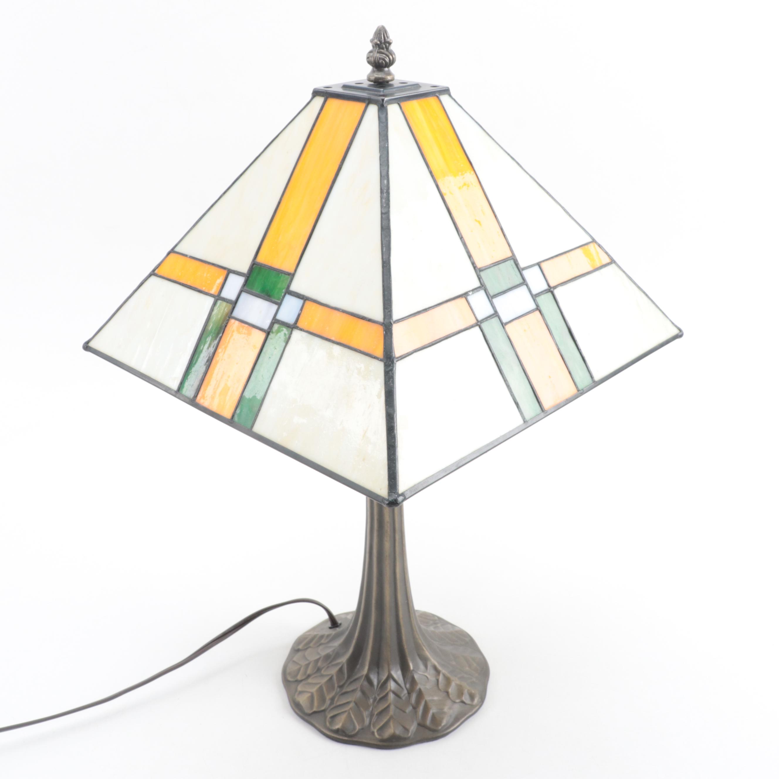 Mission Style Slag Glass With Pressed Metal Table Lamp, Contemporary