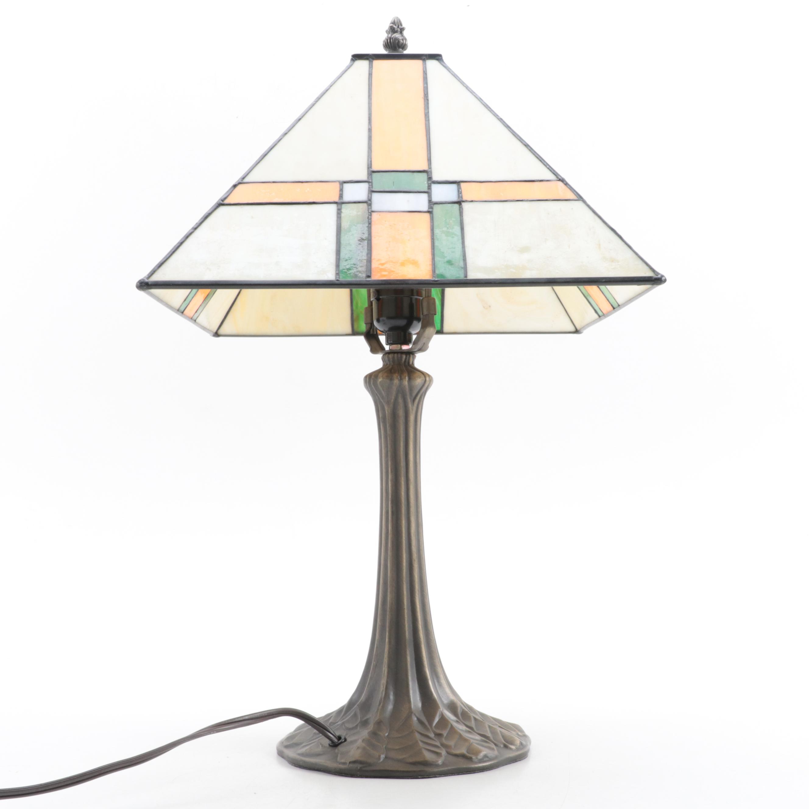 Mission Style Slag Glass With Pressed Metal Table Lamp, Contemporary