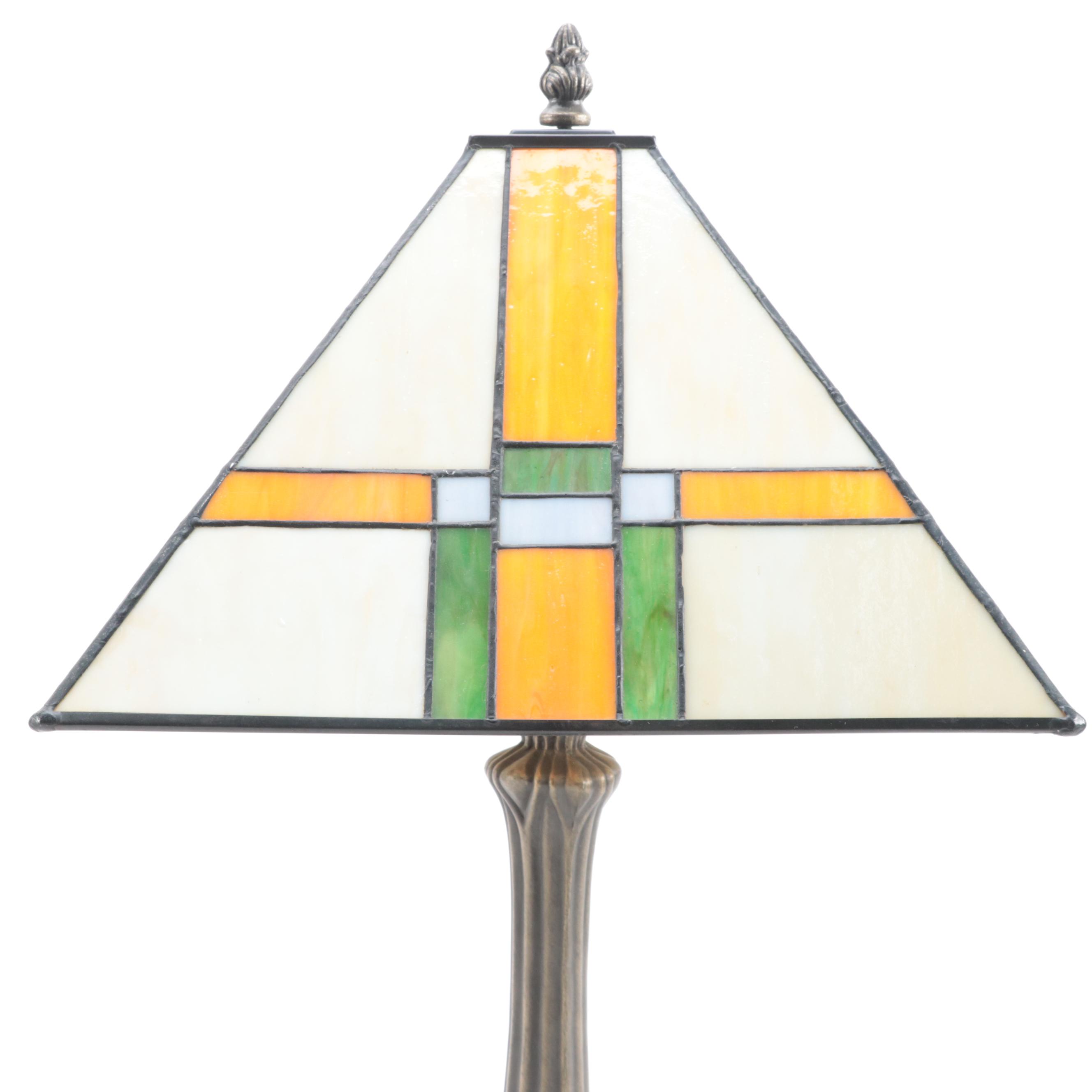 Mission Style Slag Glass With Pressed Metal Table Lamp, Contemporary