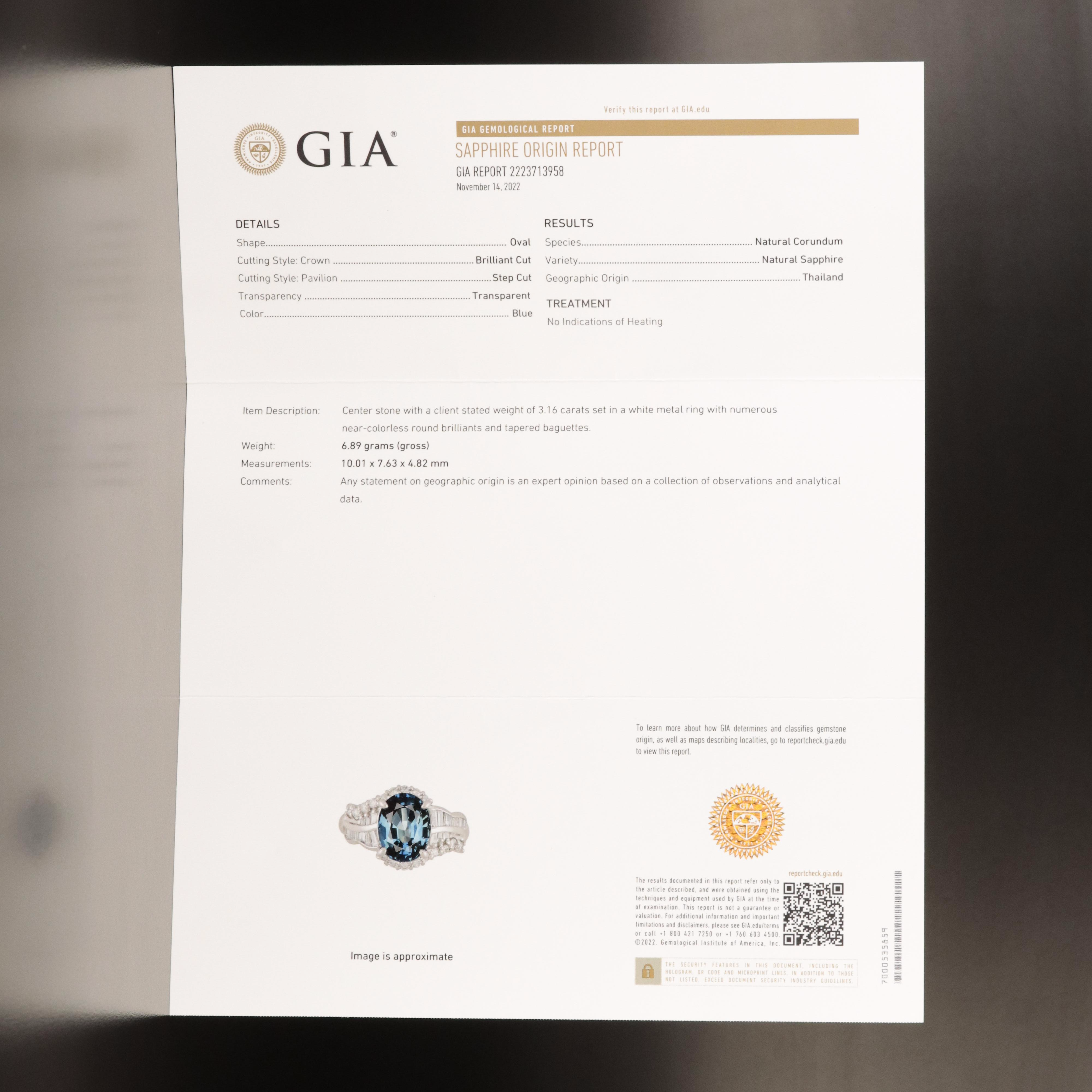 Platinum 3.16 CT Unheated Thai Sapphire and Diamond Ring with GIA Report