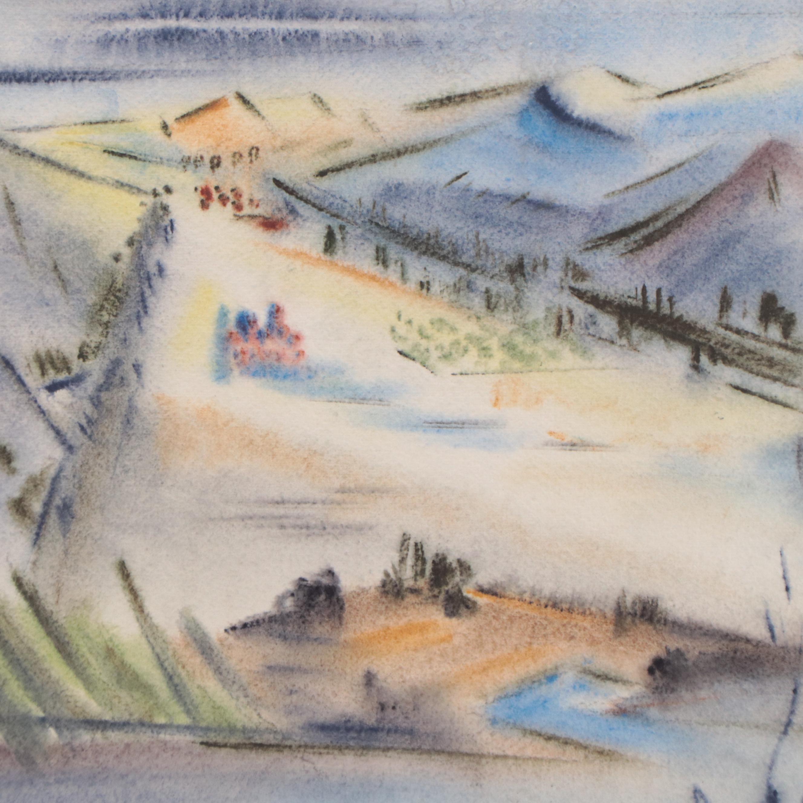 Yngve H. Olsen Modernist Watercolor Painting of Landscape, Mid-20th Century