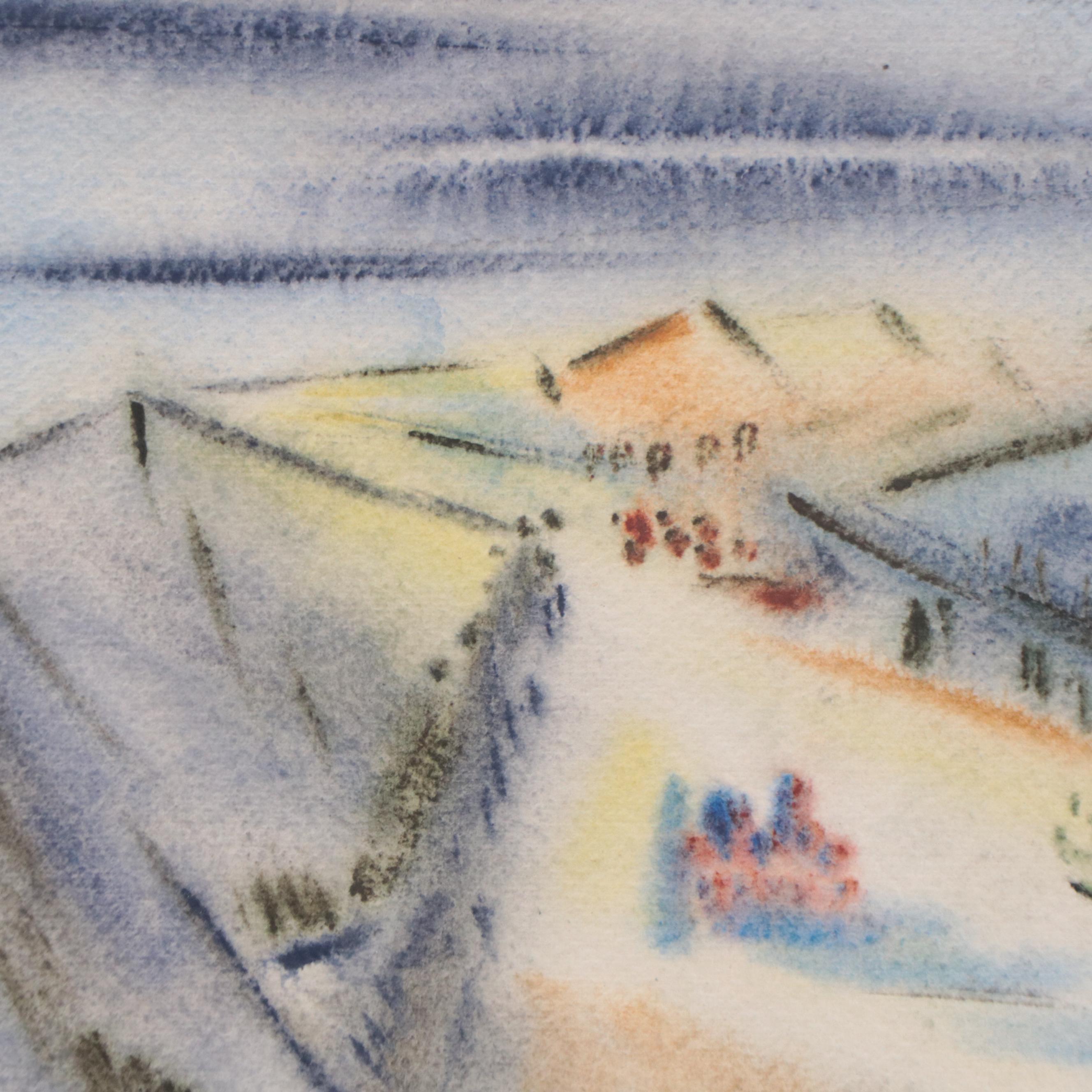 Yngve H. Olsen Modernist Watercolor Painting of Landscape, Mid-20th Century