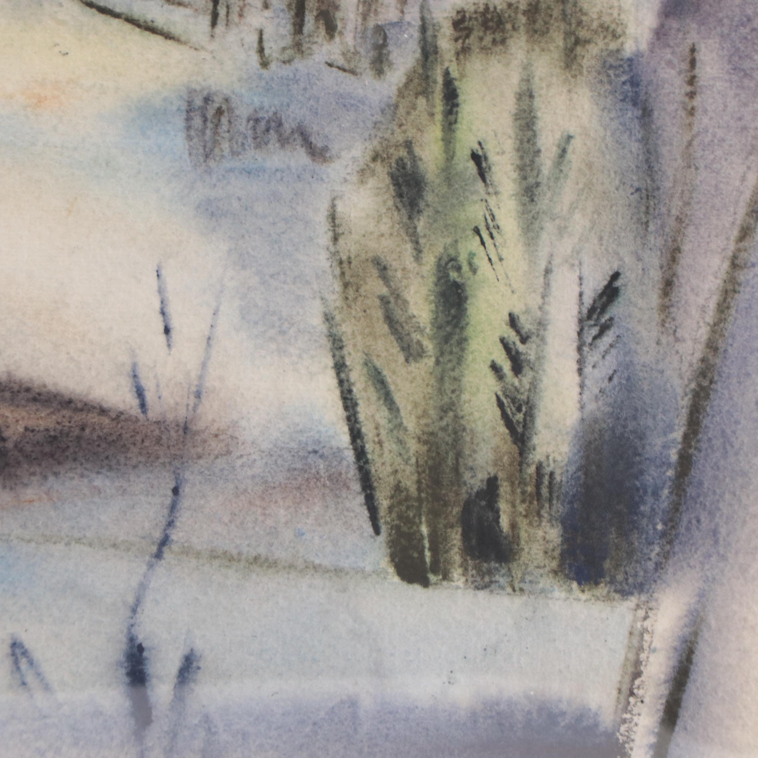 Yngve H. Olsen Modernist Watercolor Painting of Landscape, Mid-20th Century