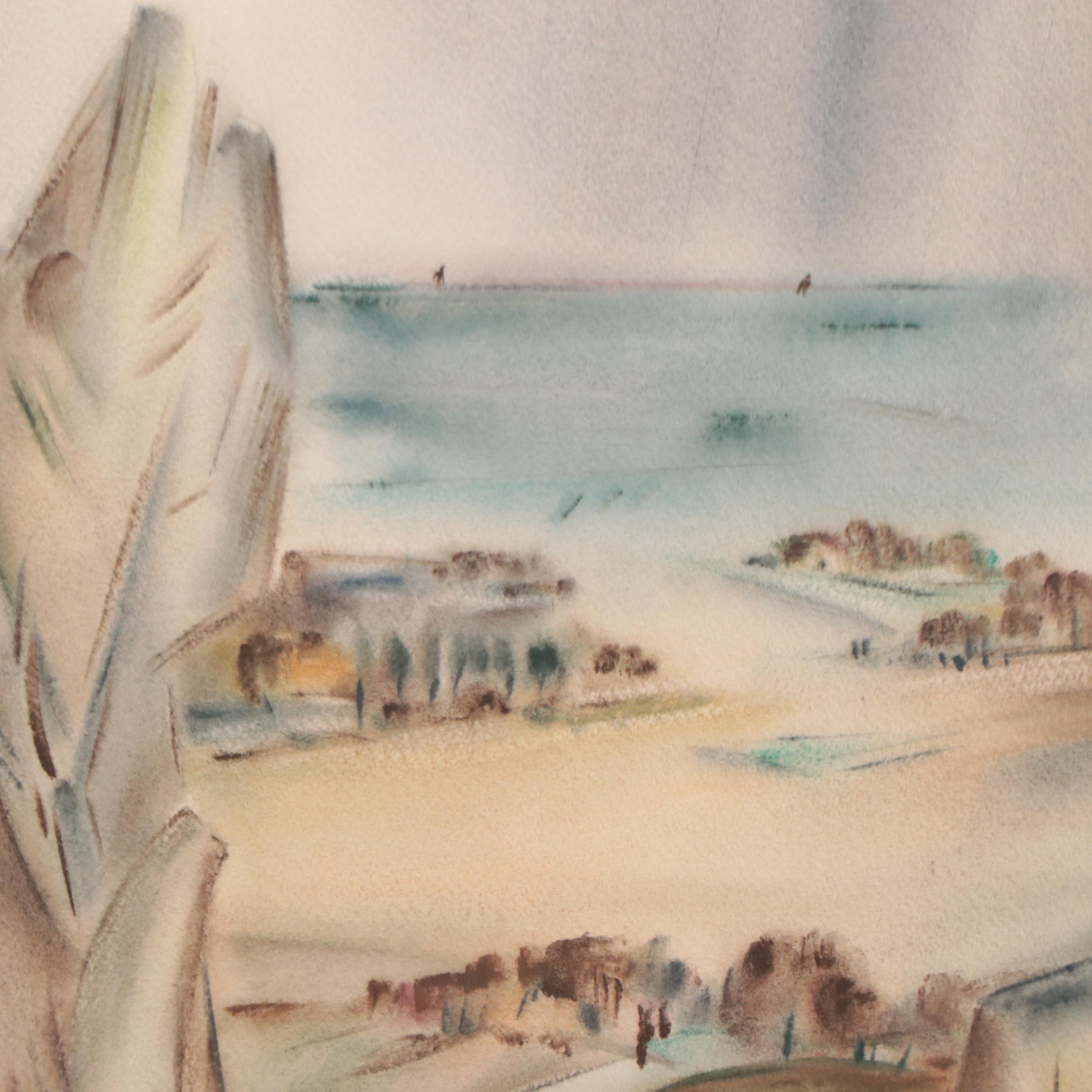 Yngve H. Olsen Modernist Watercolor Painting of Landscape, Mid-20th Century