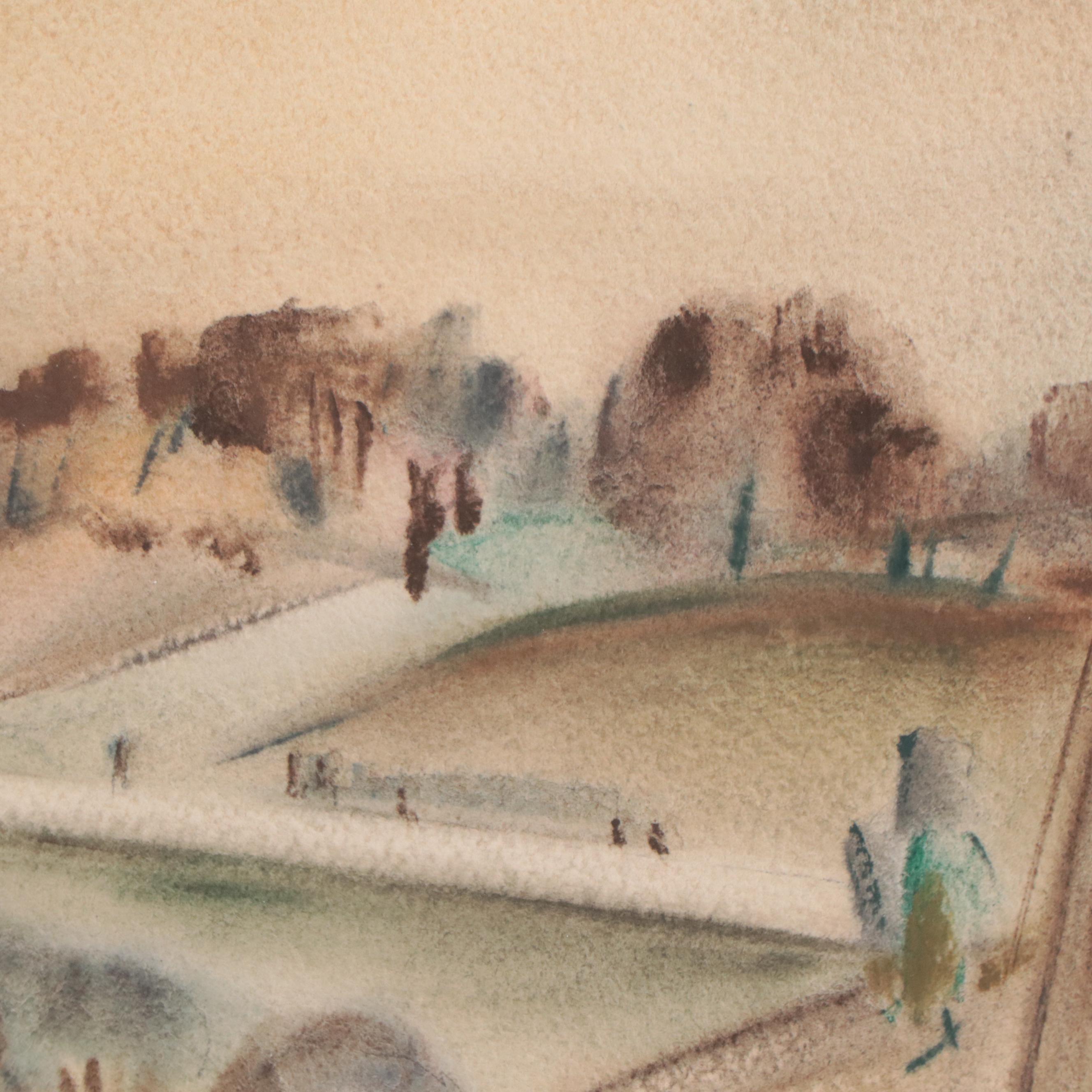 Yngve H. Olsen Modernist Watercolor Painting of Landscape, Mid-20th Century