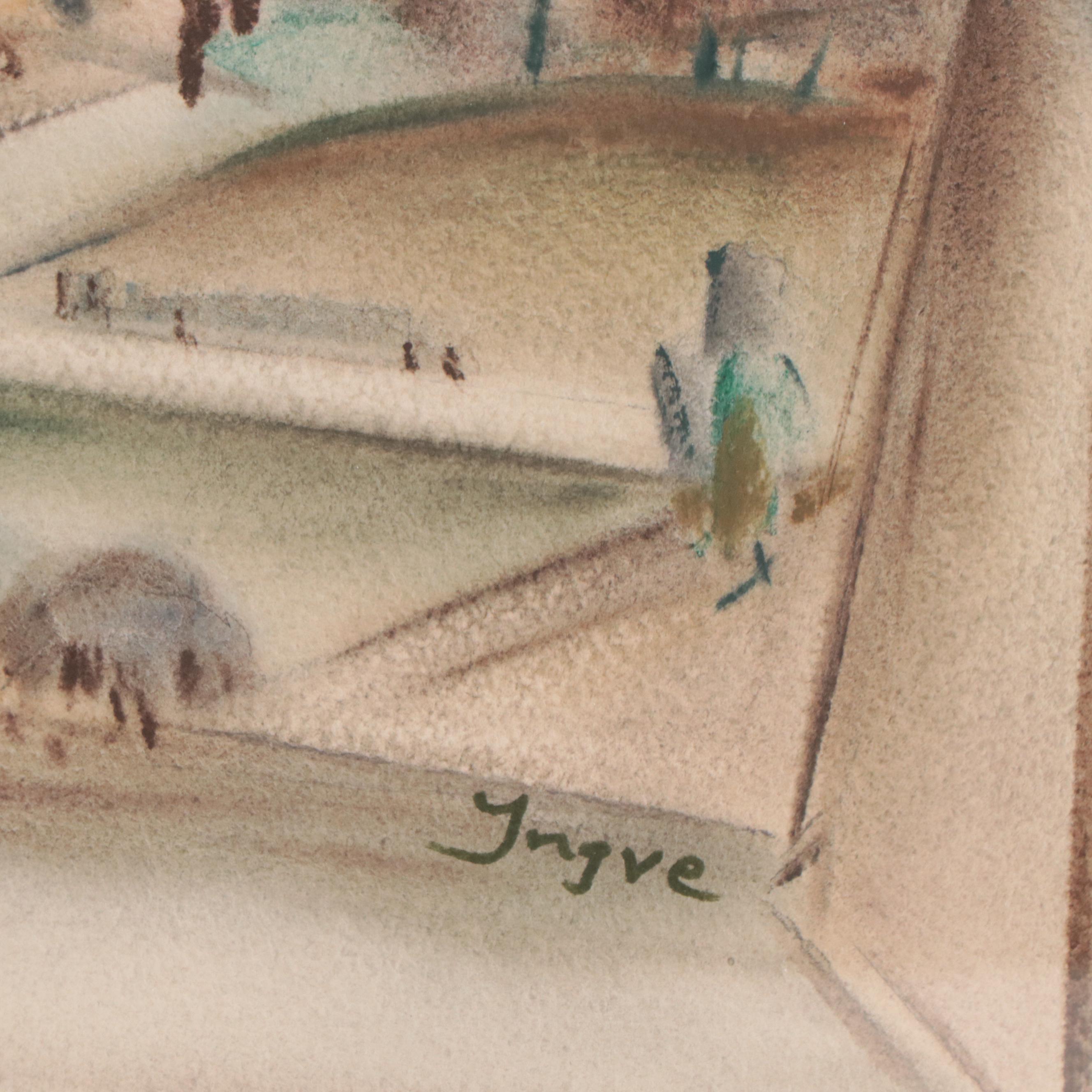 Yngve H. Olsen Modernist Watercolor Painting of Landscape, Mid-20th Century