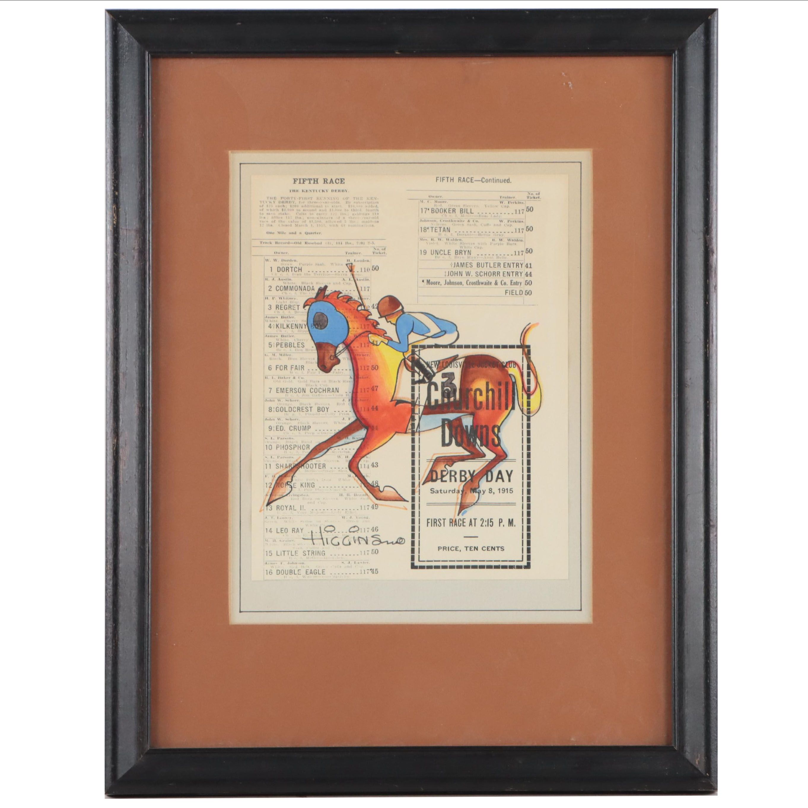 Jon Higgins Ink and Watercolor Drawing of Horse and Jockey