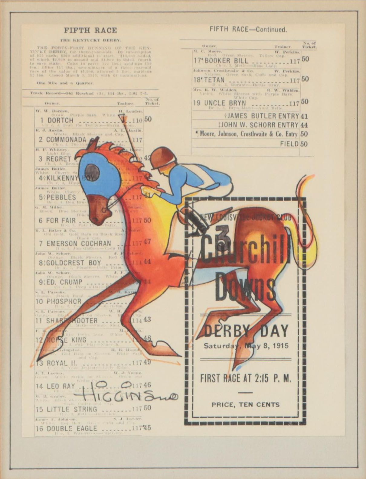 Jon Higgins Ink and Watercolor Drawing of Horse and Jockey