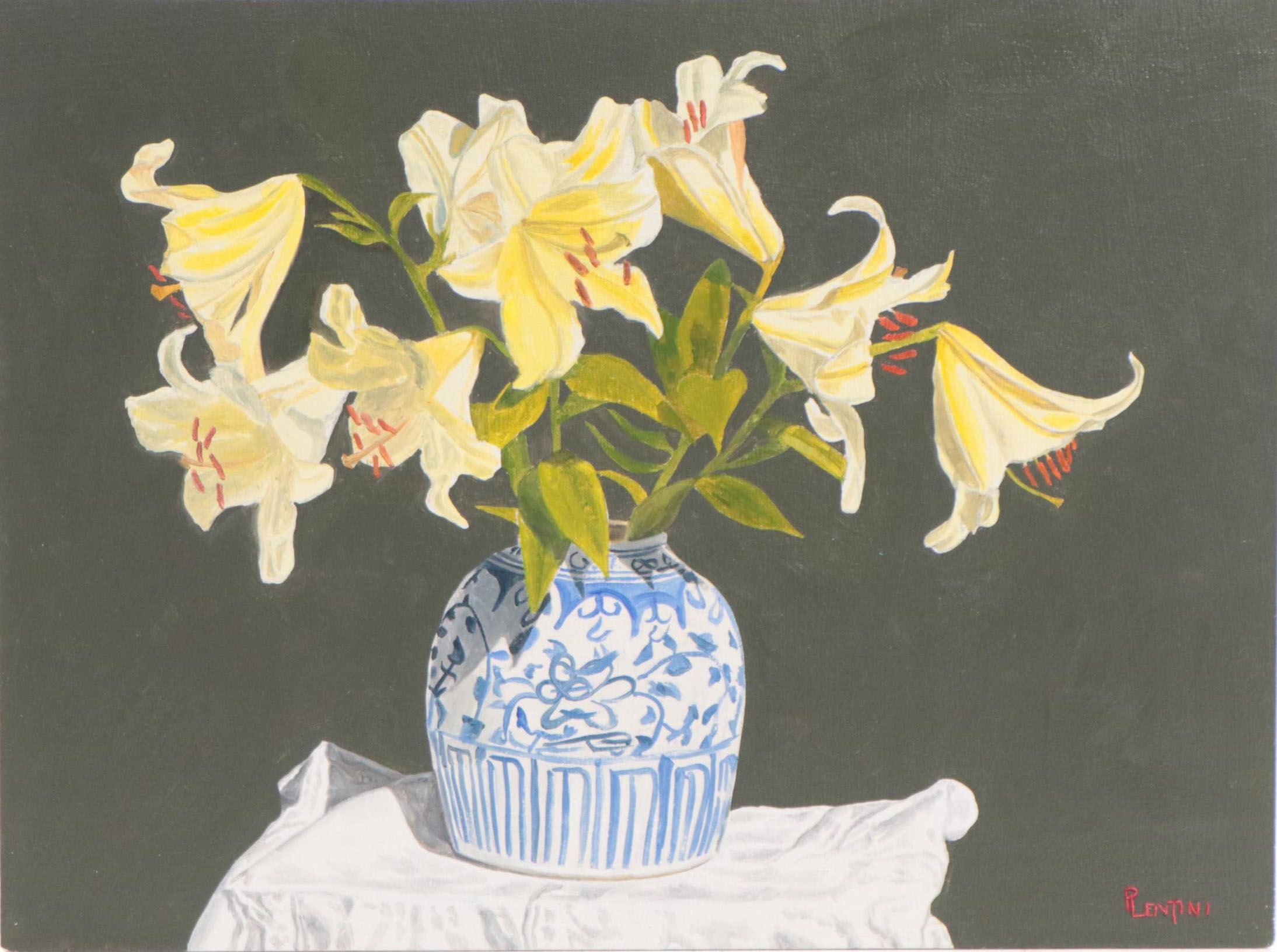 Peter Lentini Oil Painting of Floral Still Life "Tapeto Magico"