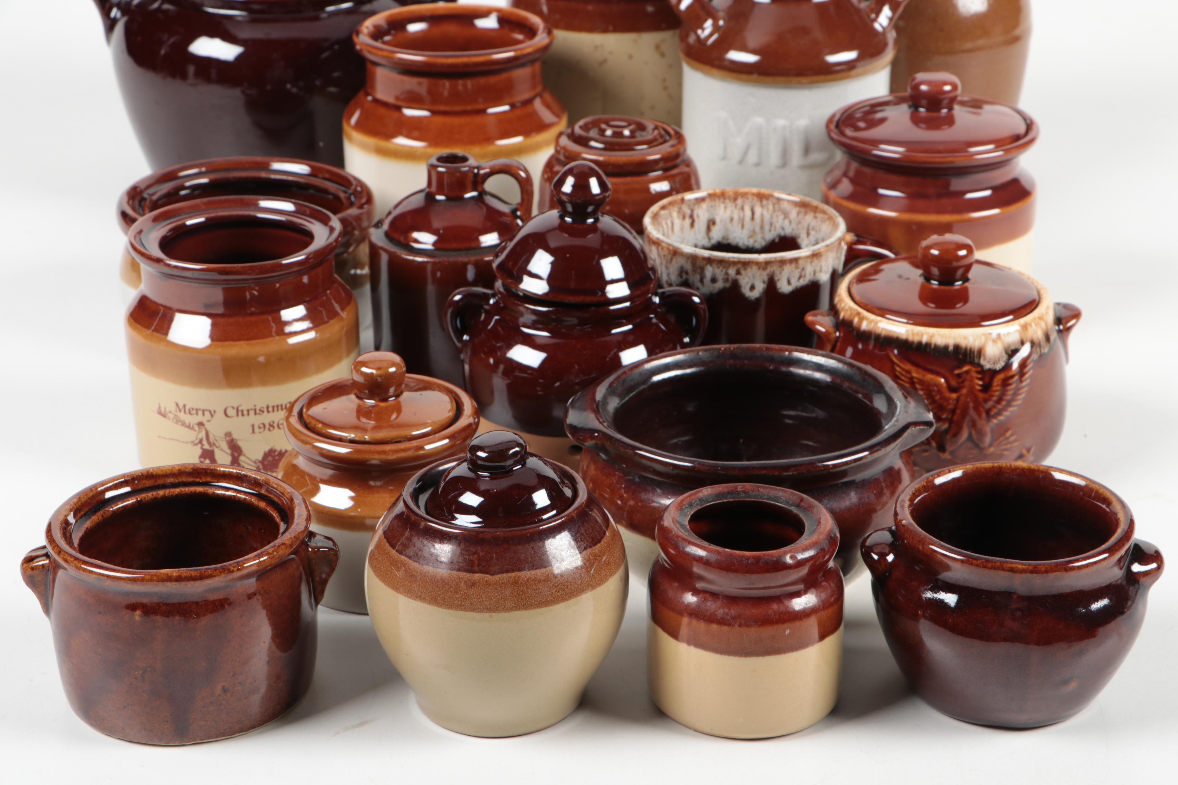 Hull and Other Two Tone and Brown Glazed Earthenware Crocks and Tableware