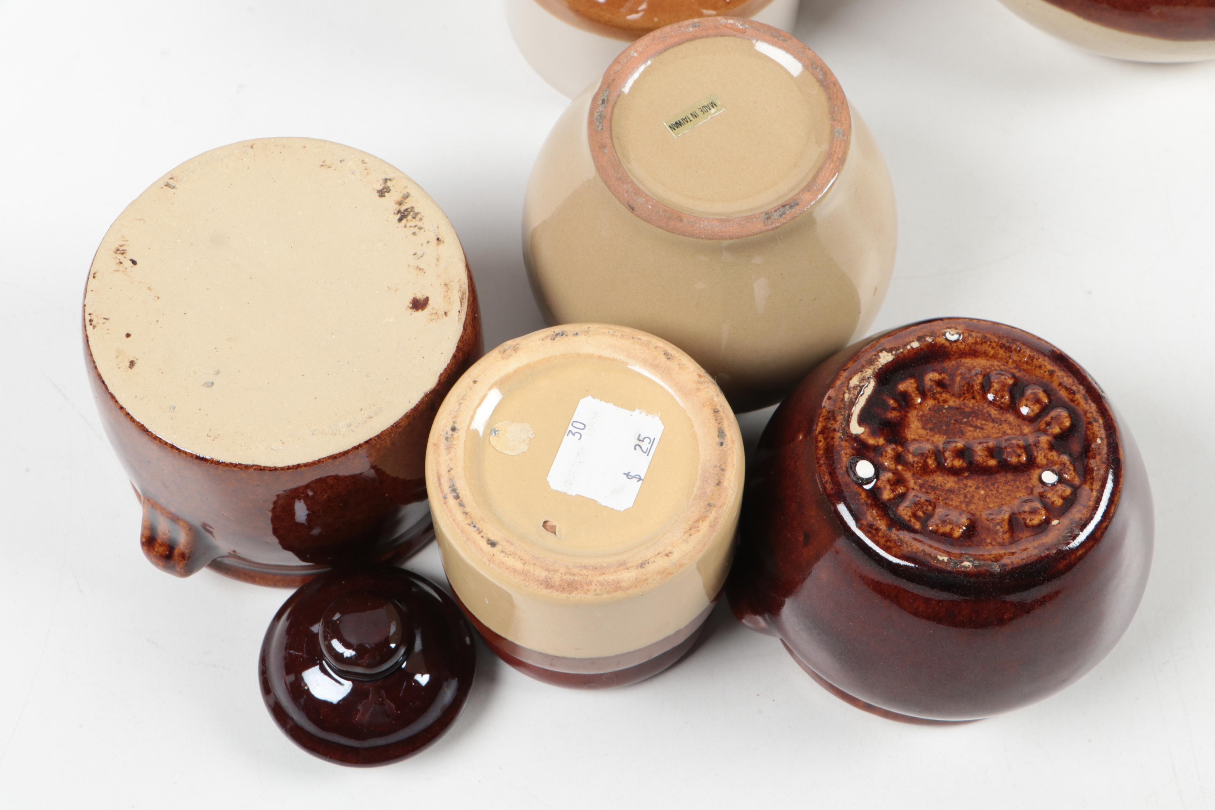 Hull and Other Two Tone and Brown Glazed Earthenware Crocks and Tableware