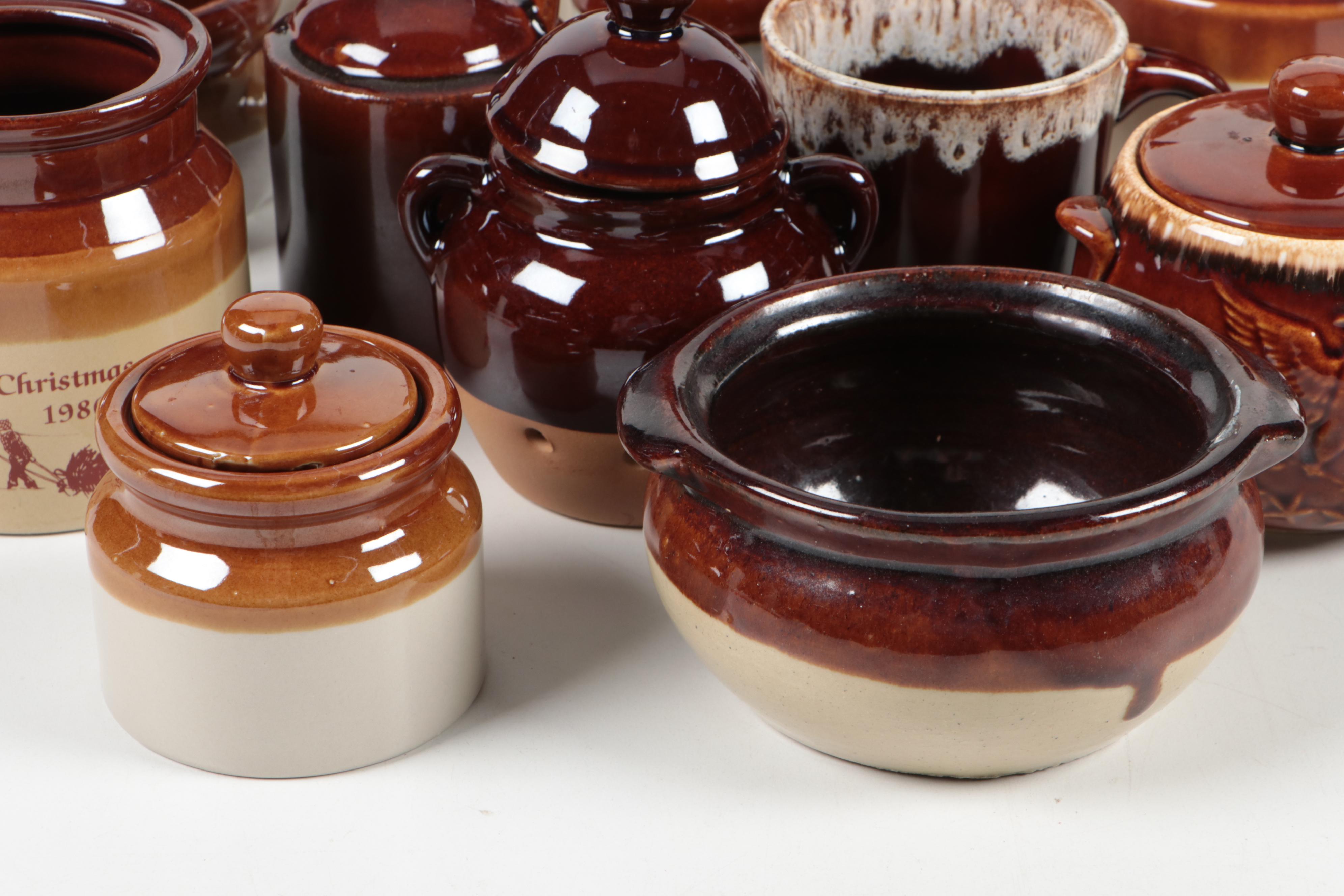 Hull and Other Two Tone and Brown Glazed Earthenware Crocks and Tableware