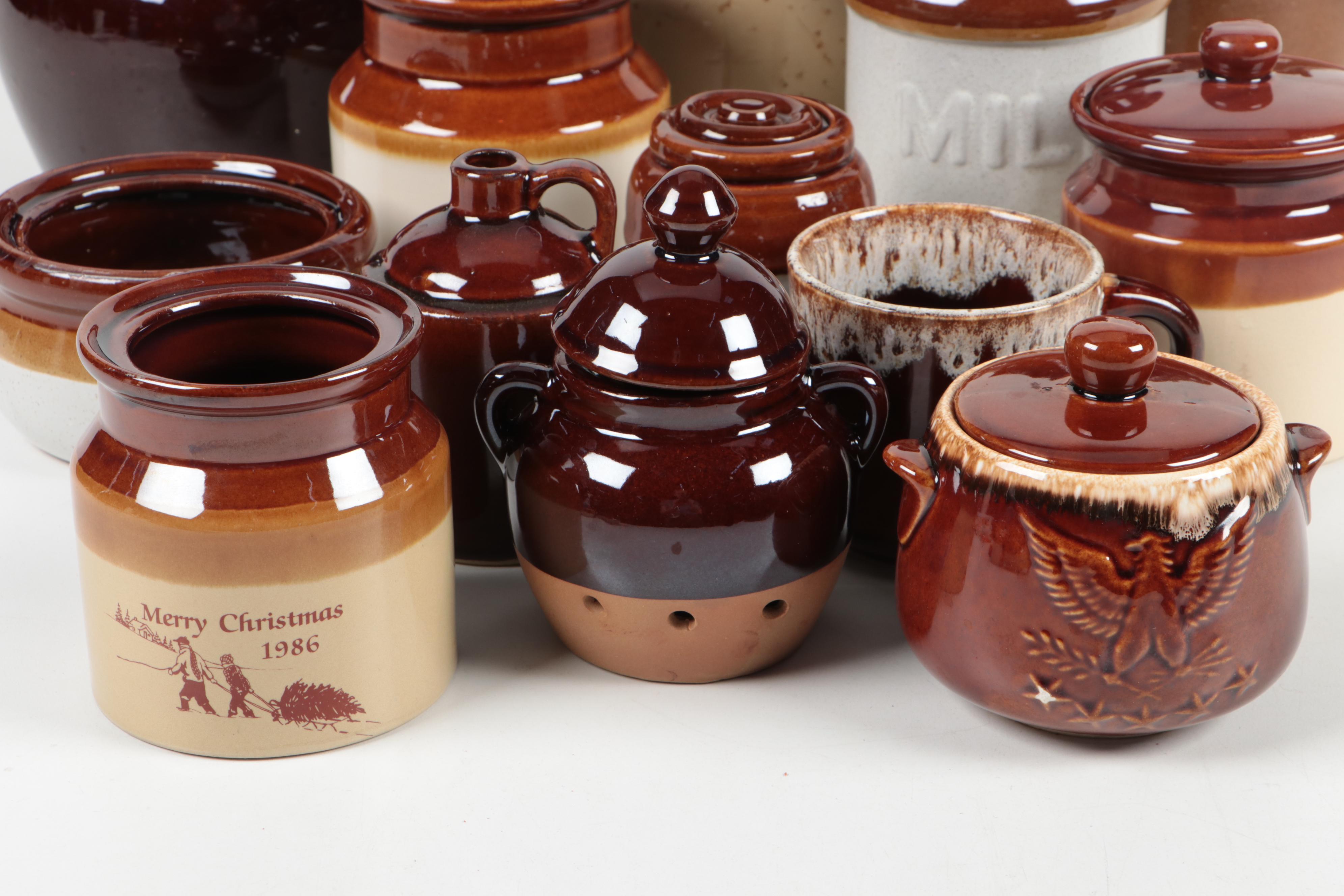 Hull and Other Two Tone and Brown Glazed Earthenware Crocks and Tableware