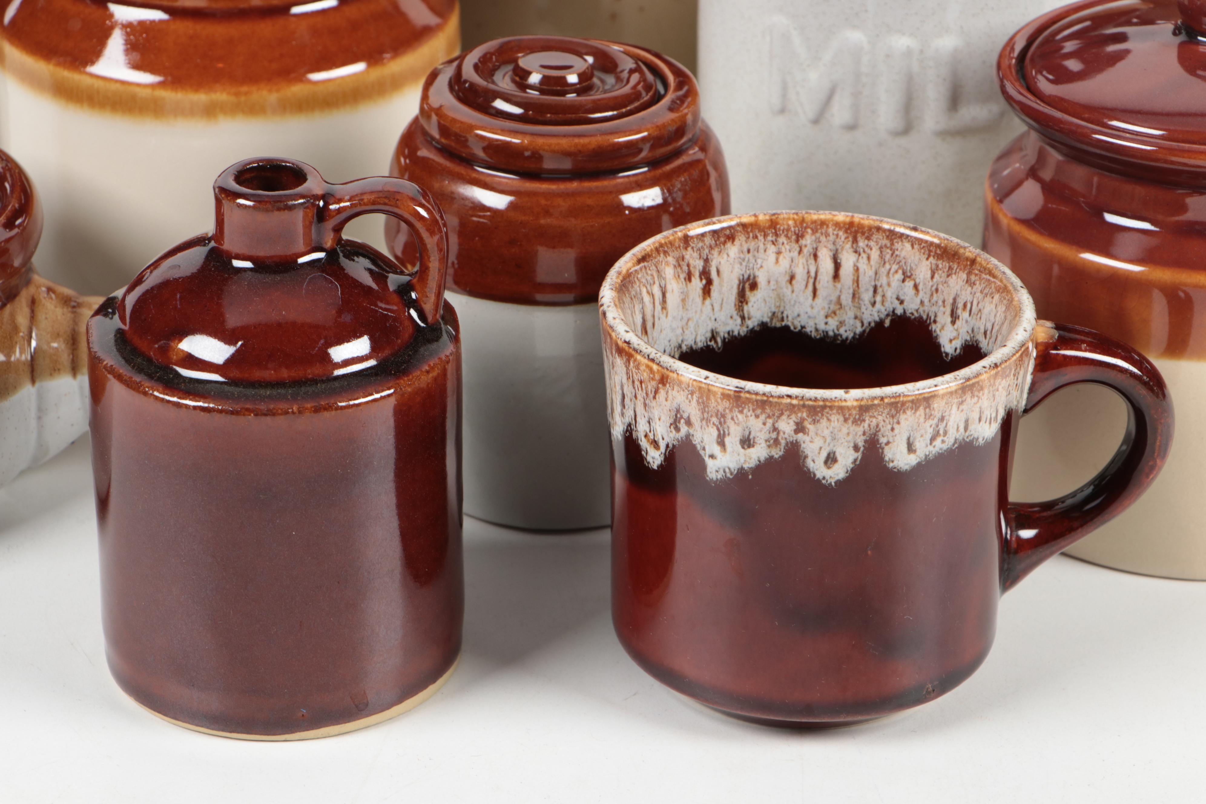 Hull and Other Two Tone and Brown Glazed Earthenware Crocks and Tableware