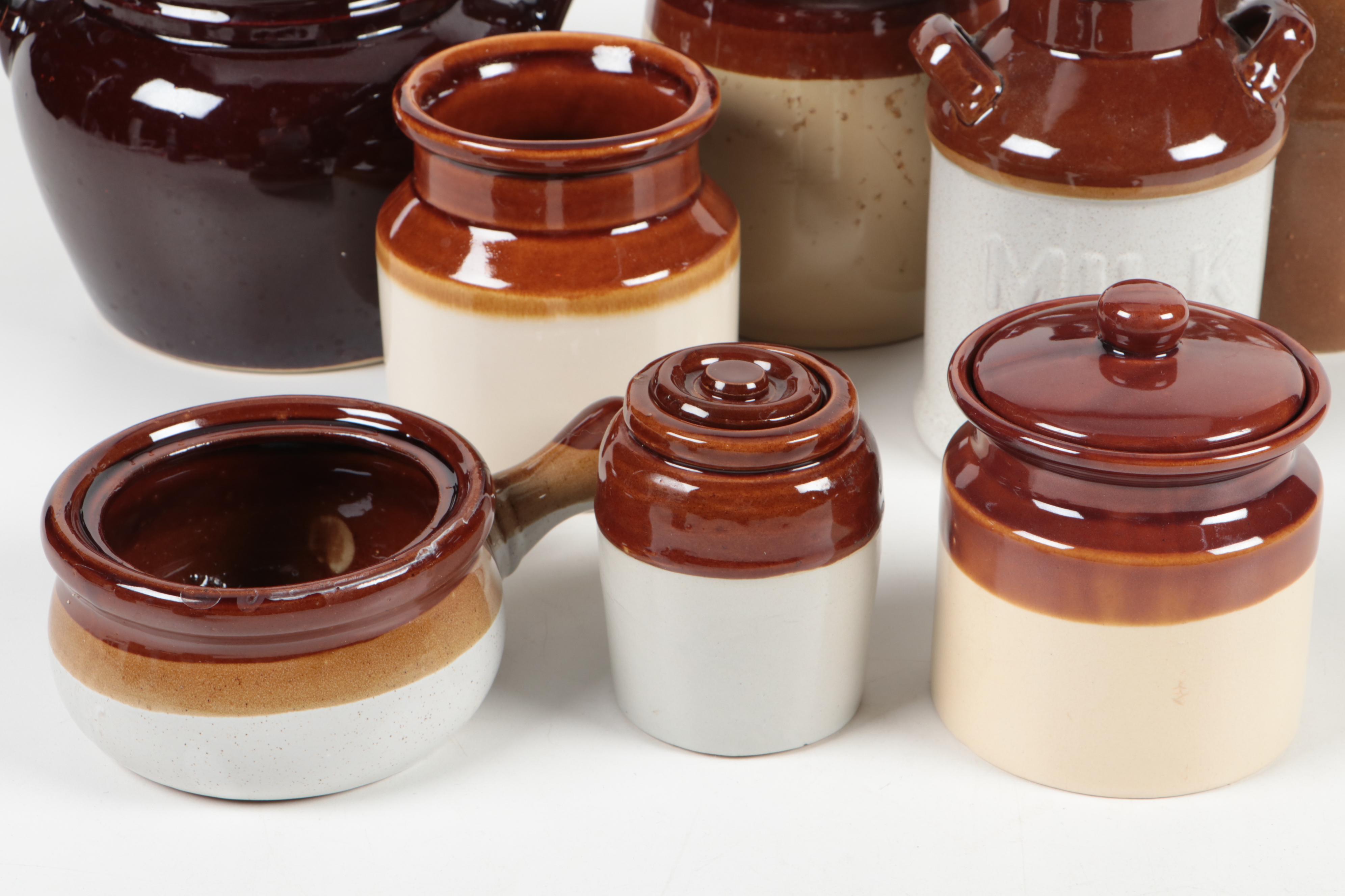 Hull and Other Two Tone and Brown Glazed Earthenware Crocks and Tableware