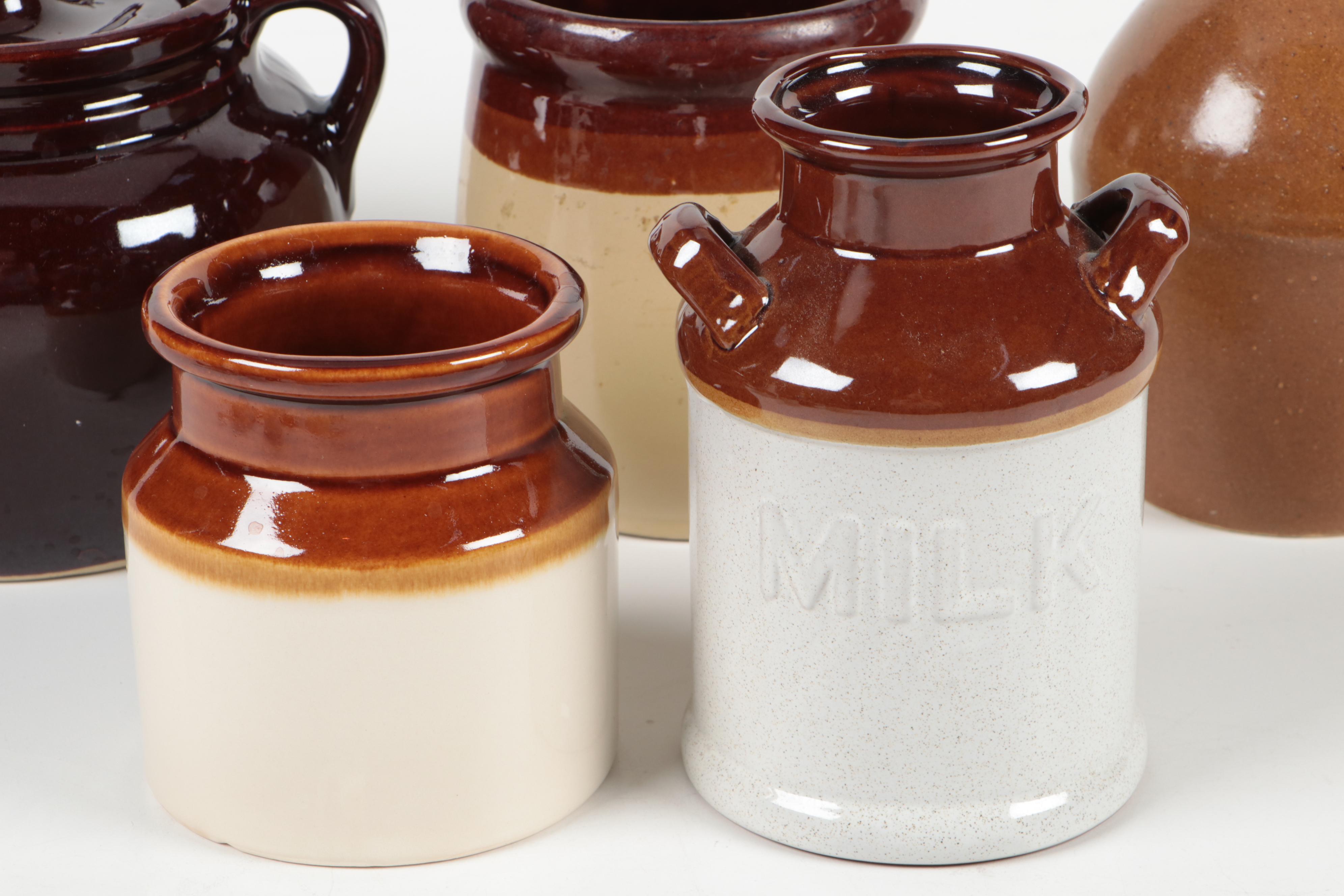 Hull and Other Two Tone and Brown Glazed Earthenware Crocks and Tableware