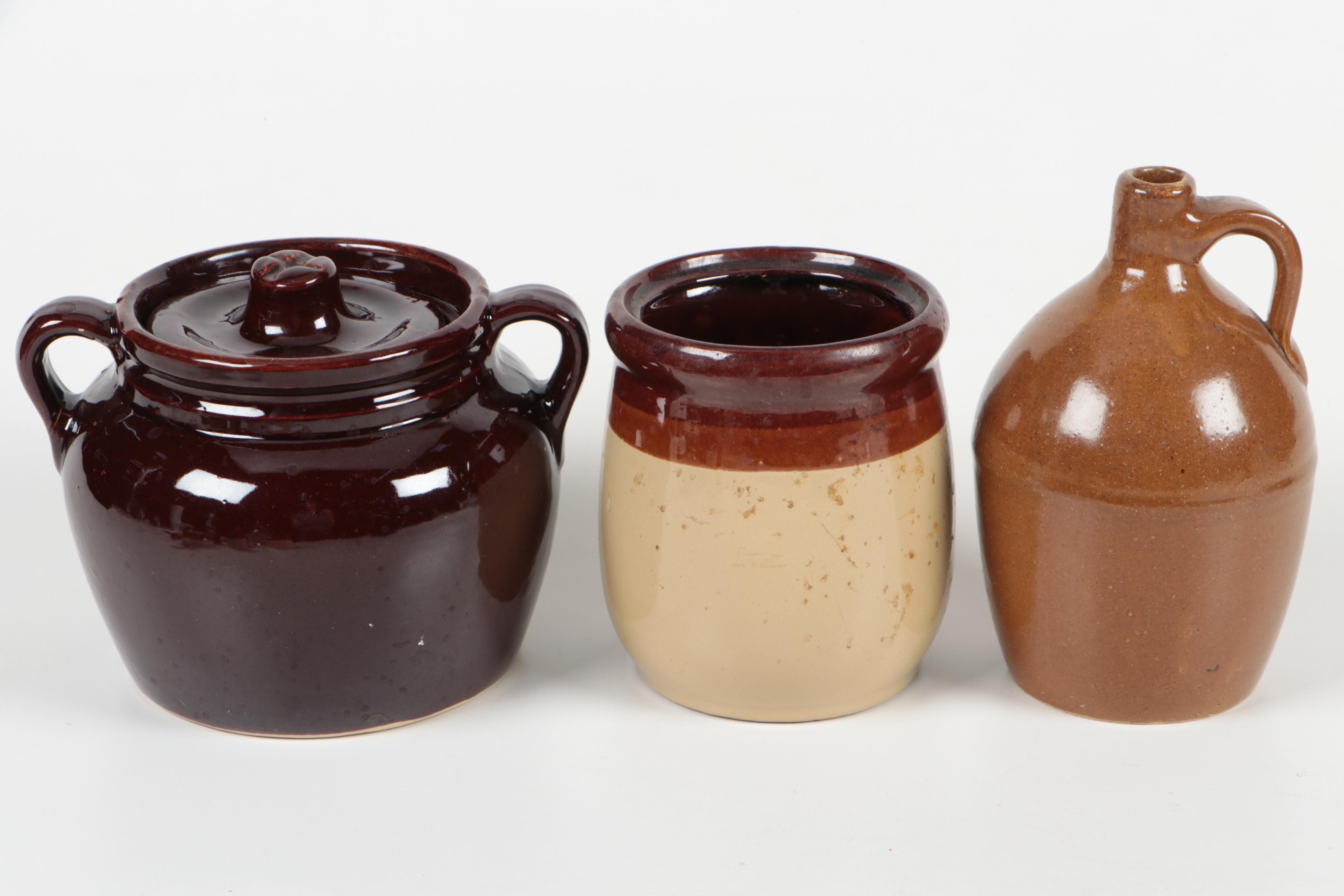 Hull and Other Two Tone and Brown Glazed Earthenware Crocks and Tableware
