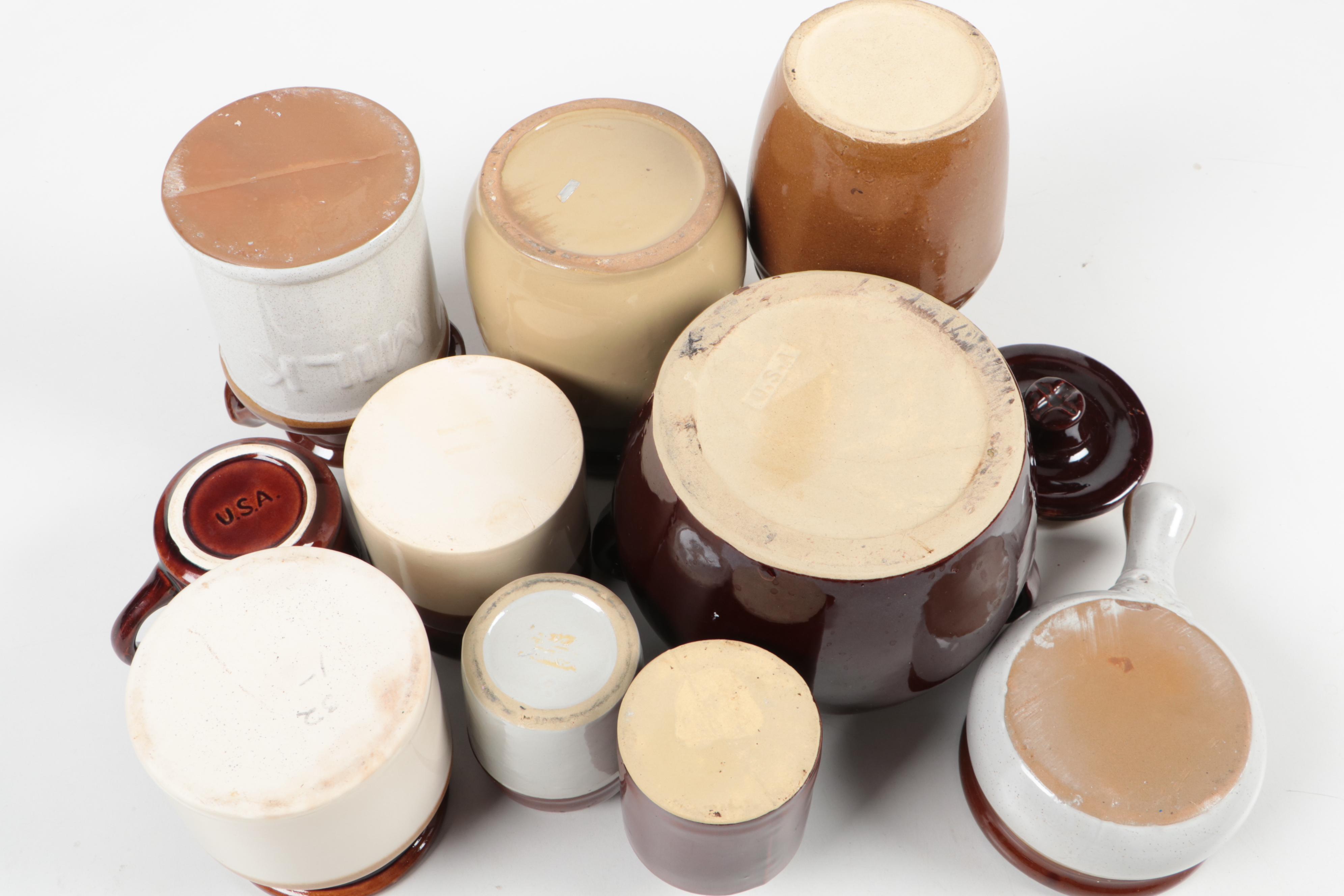 Hull and Other Two Tone and Brown Glazed Earthenware Crocks and Tableware