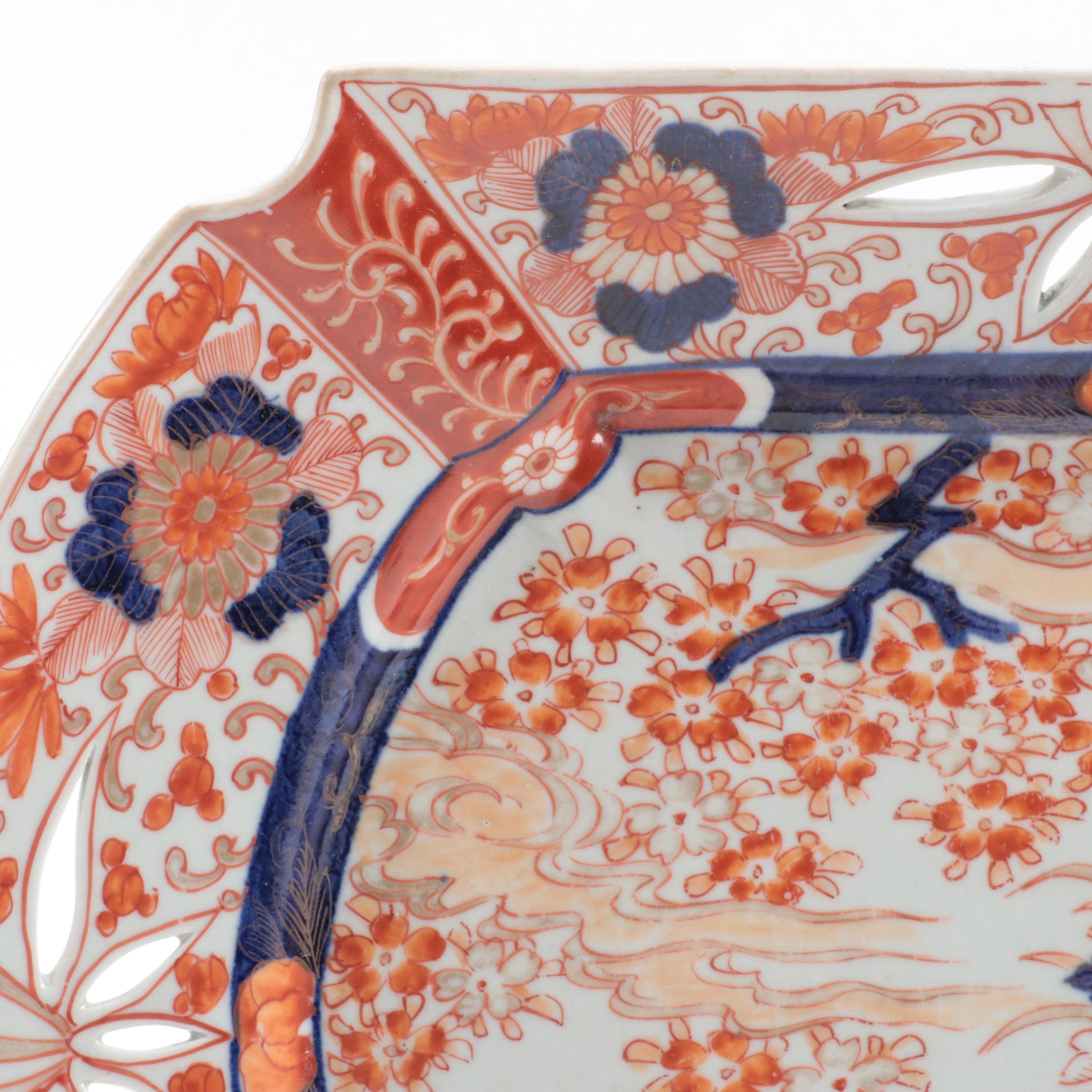 Japanese Imari Hand-Painted Porcelain Pierced Rim Platter