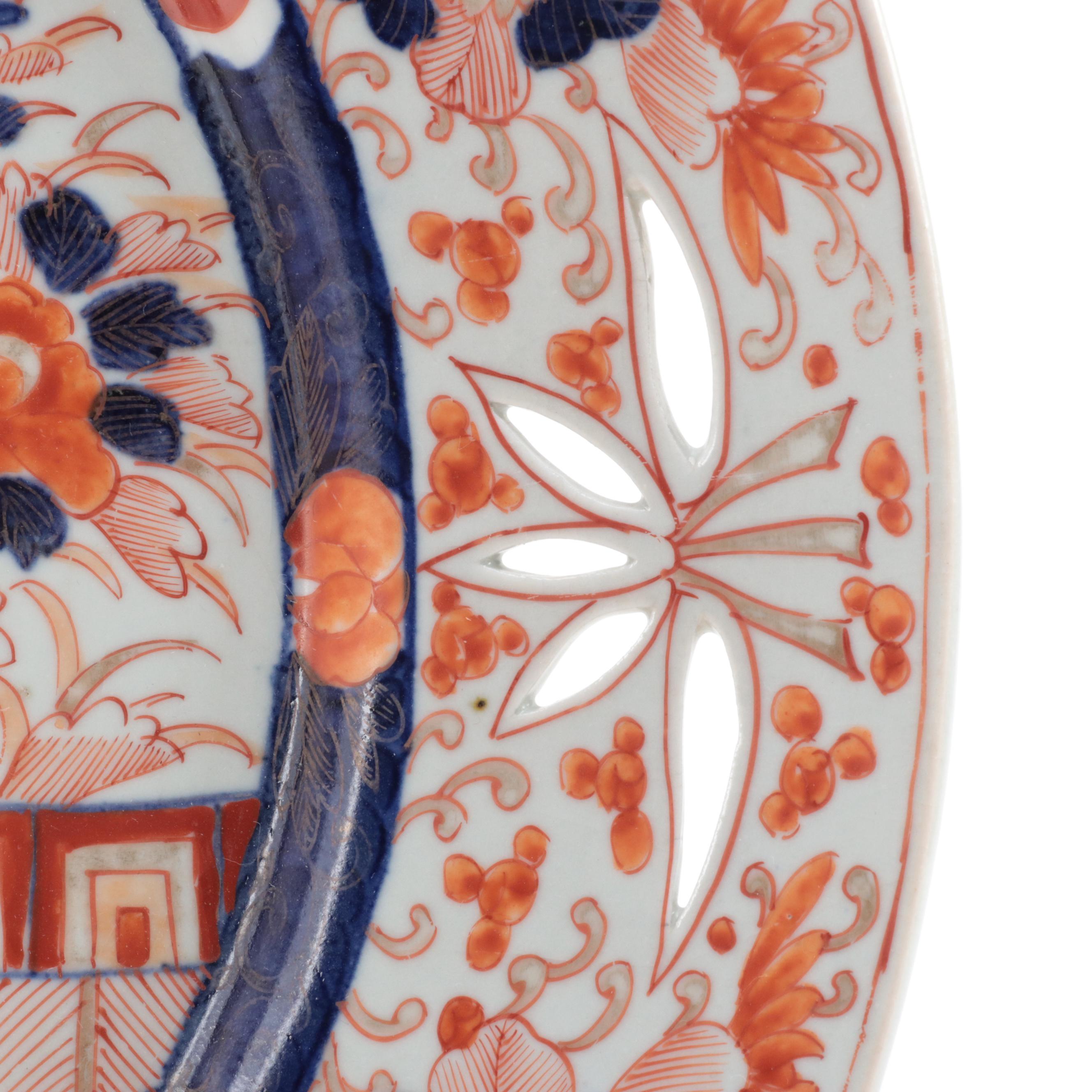 Japanese Imari Hand-Painted Porcelain Pierced Rim Platter