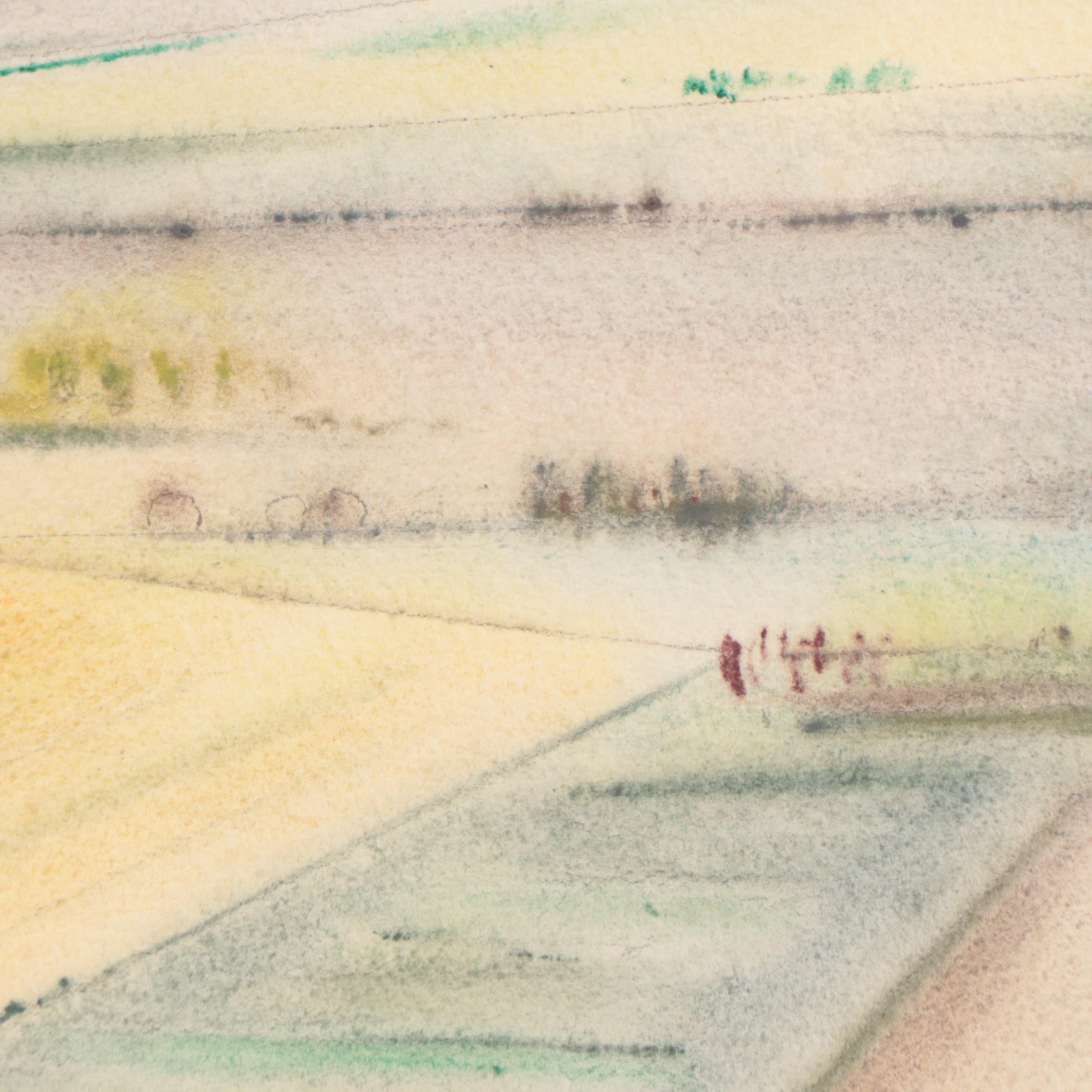 Yngve H. Olsen Modernist Watercolor Painting of Landscape, Mid-20th Century