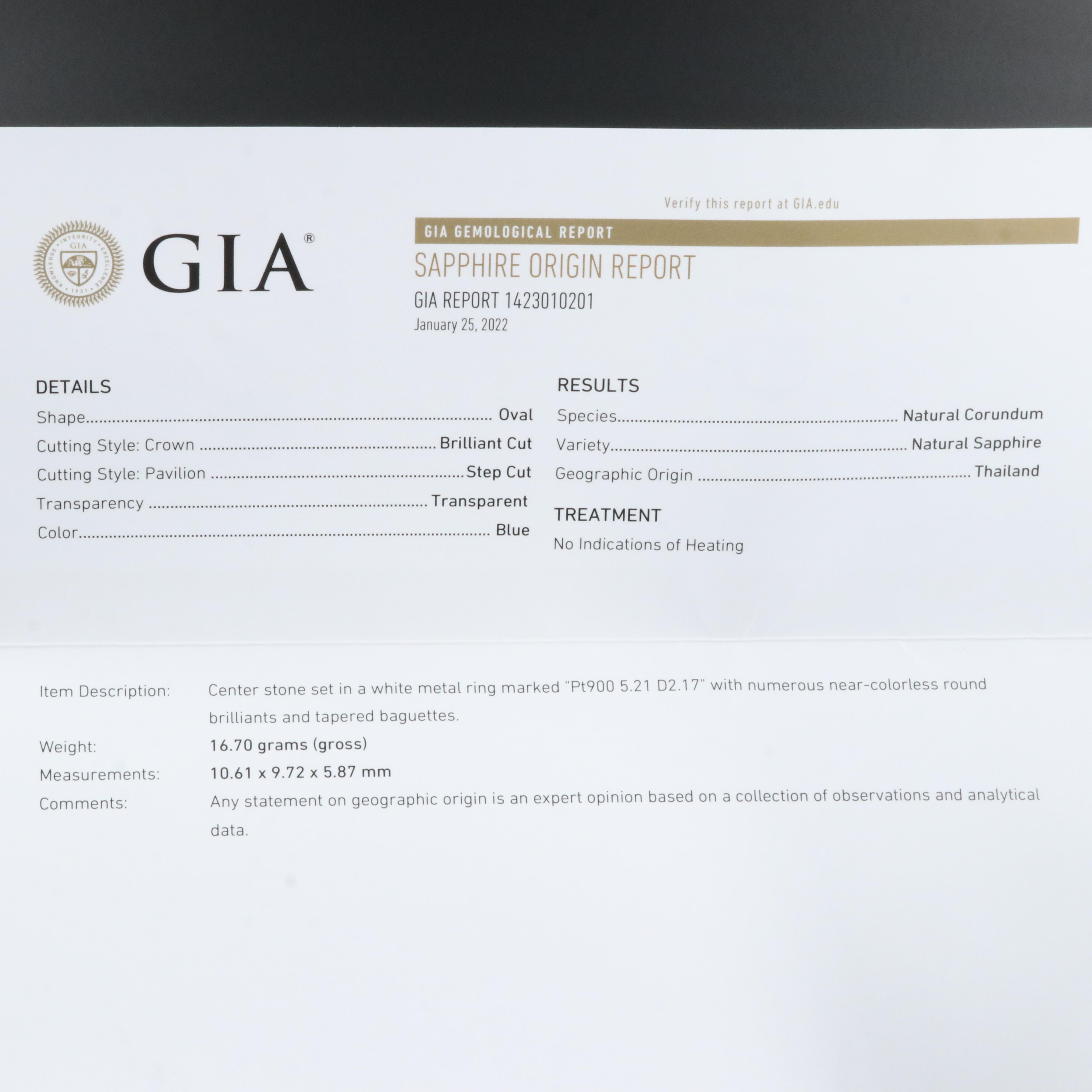 Platinum 5.21 CT Unheated Sapphire and 2.17 CTW Diamond Ring with GIA Report