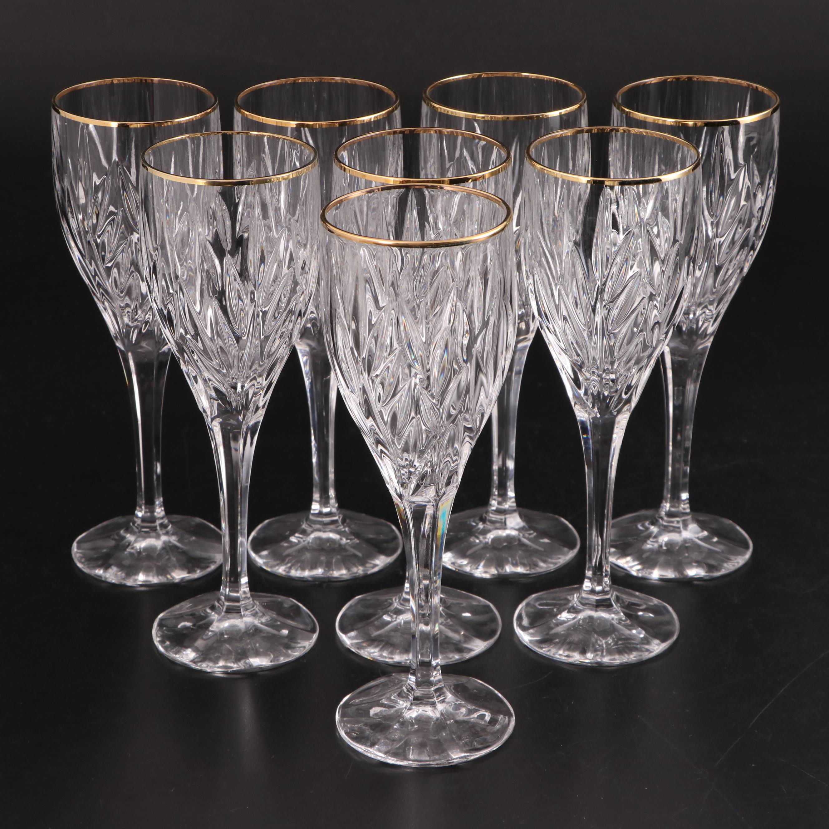 Gorham "Star Blossom Gold" Gilt Rimmed Crystal Wine Glasses, 1994-2003