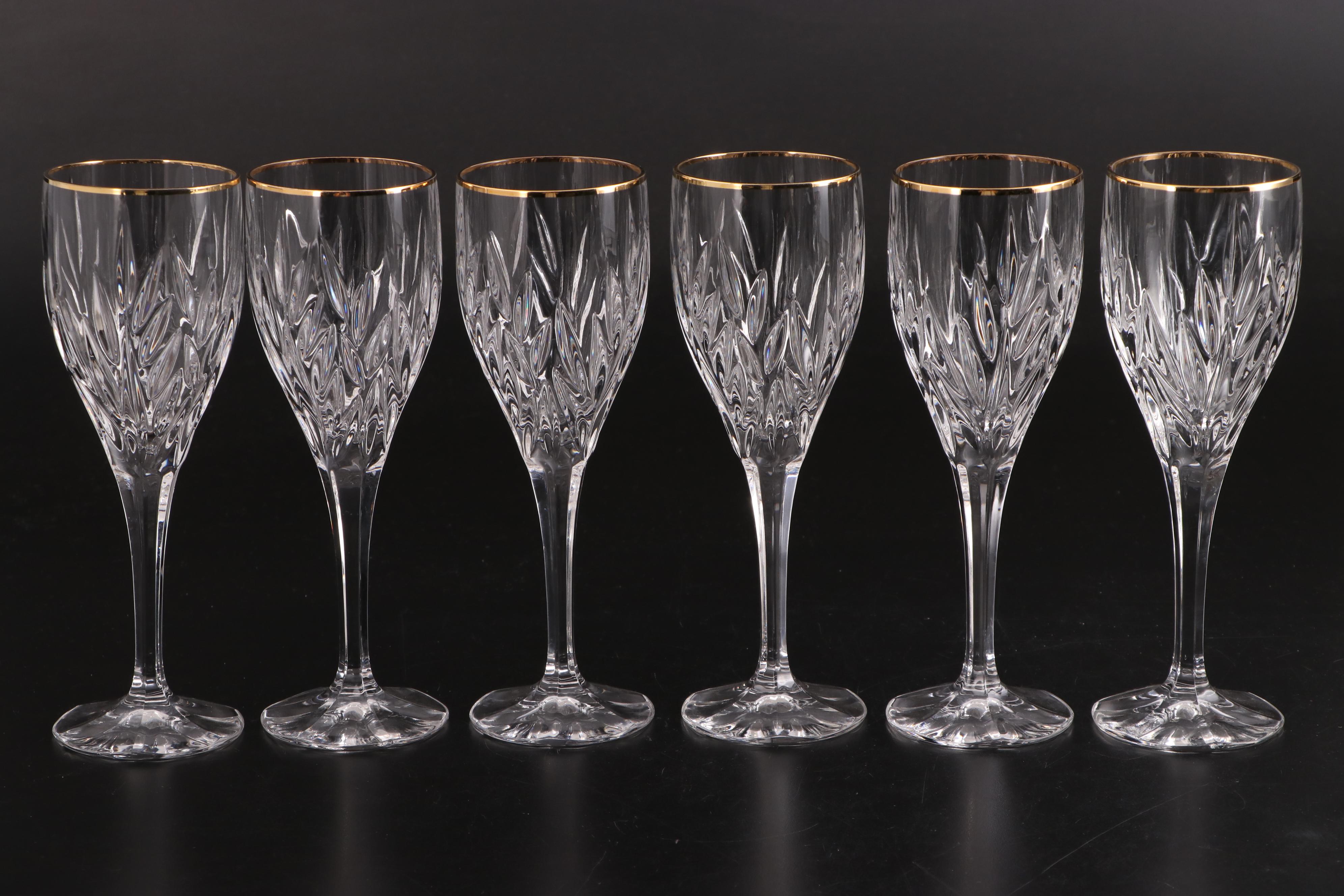 Gorham "Star Blossom Gold" Gilt Rimmed Crystal Wine Glasses, 1994-2003