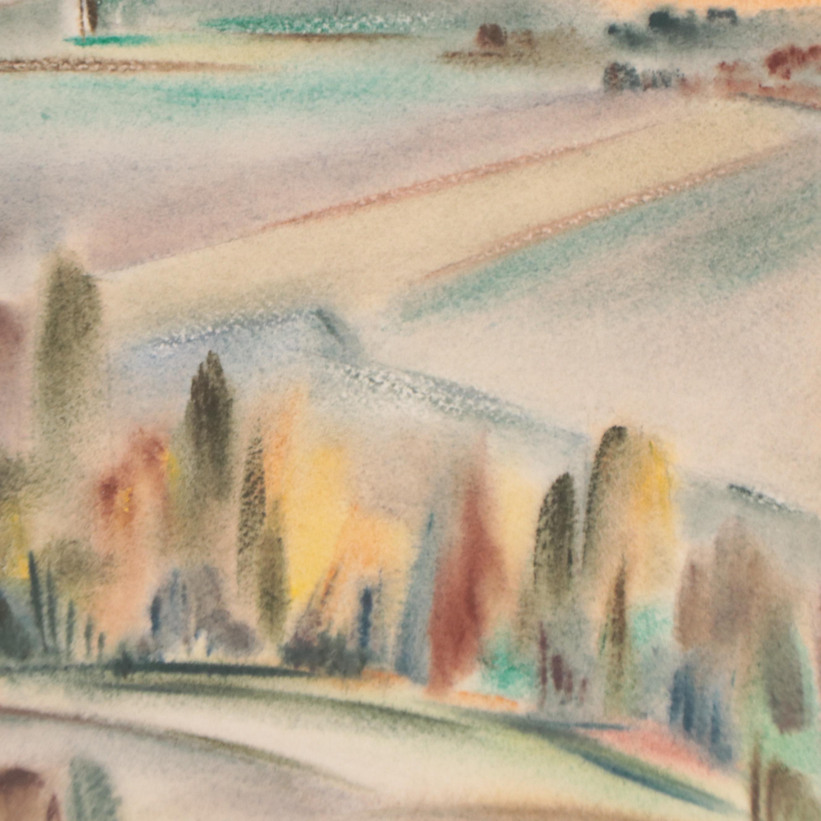 Yngve H. Olsen Modernist Watercolor Painting of Landscape, Mid-20th Century