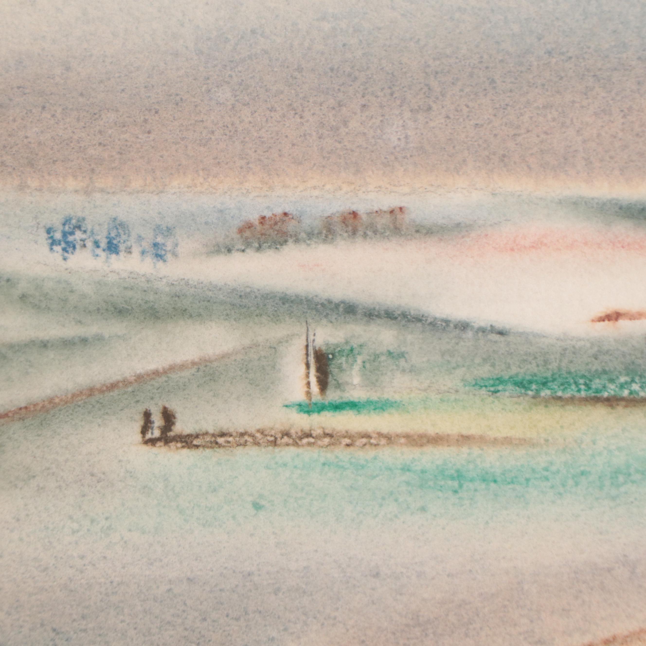 Yngve H. Olsen Modernist Watercolor Painting of Landscape, Mid-20th Century