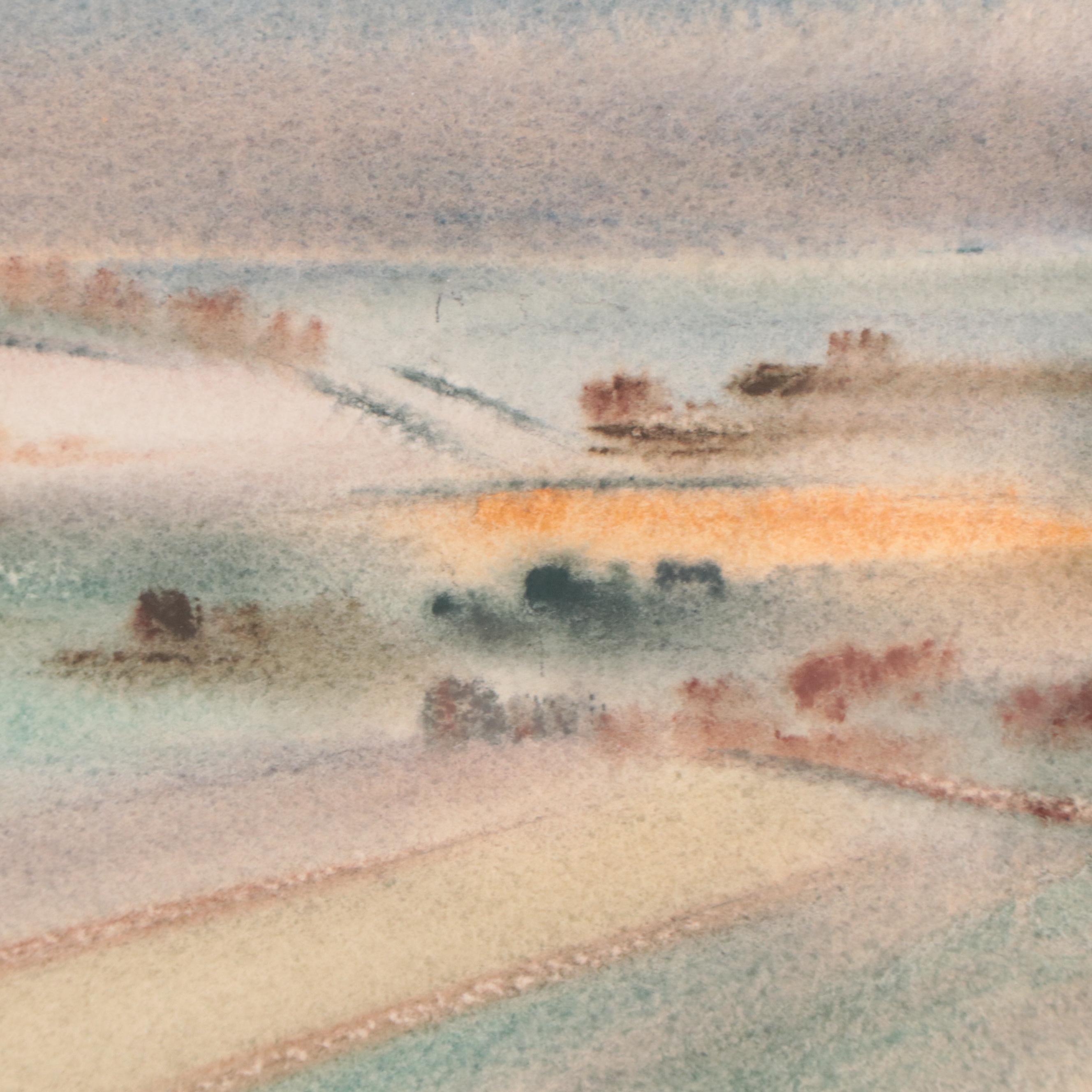 Yngve H. Olsen Modernist Watercolor Painting of Landscape, Mid-20th Century