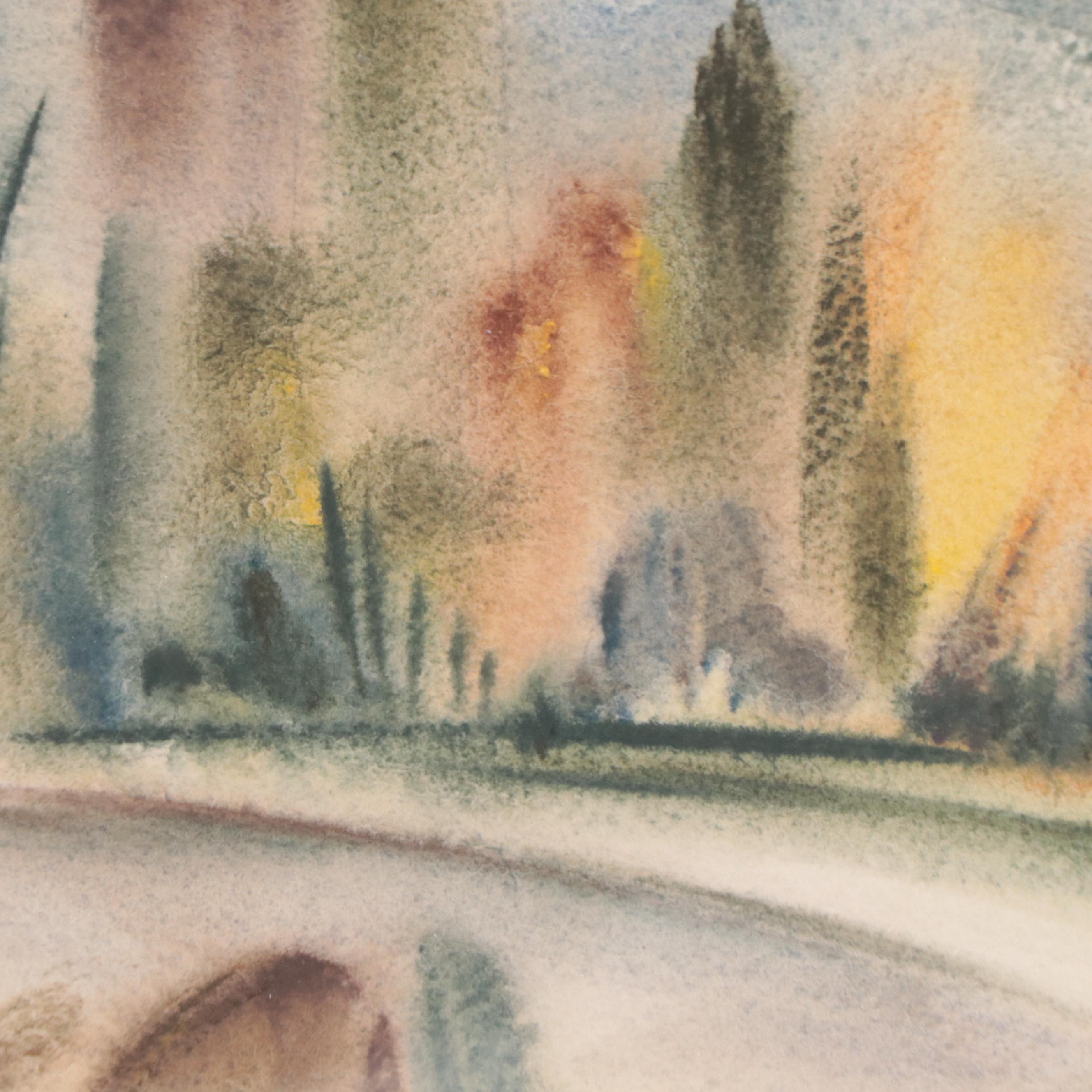 Yngve H. Olsen Modernist Watercolor Painting of Landscape, Mid-20th Century