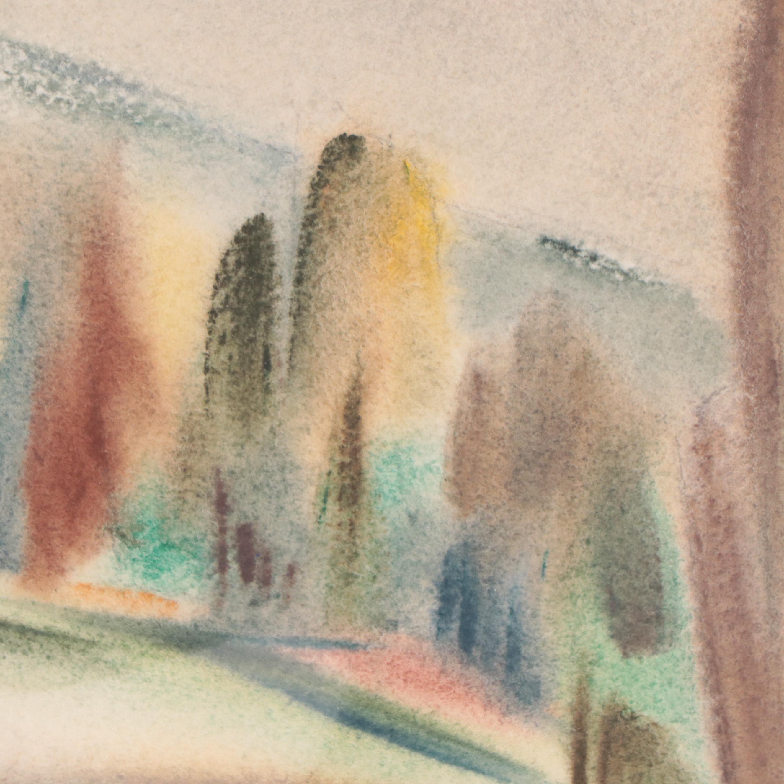 Yngve H. Olsen Modernist Watercolor Painting of Landscape, Mid-20th Century