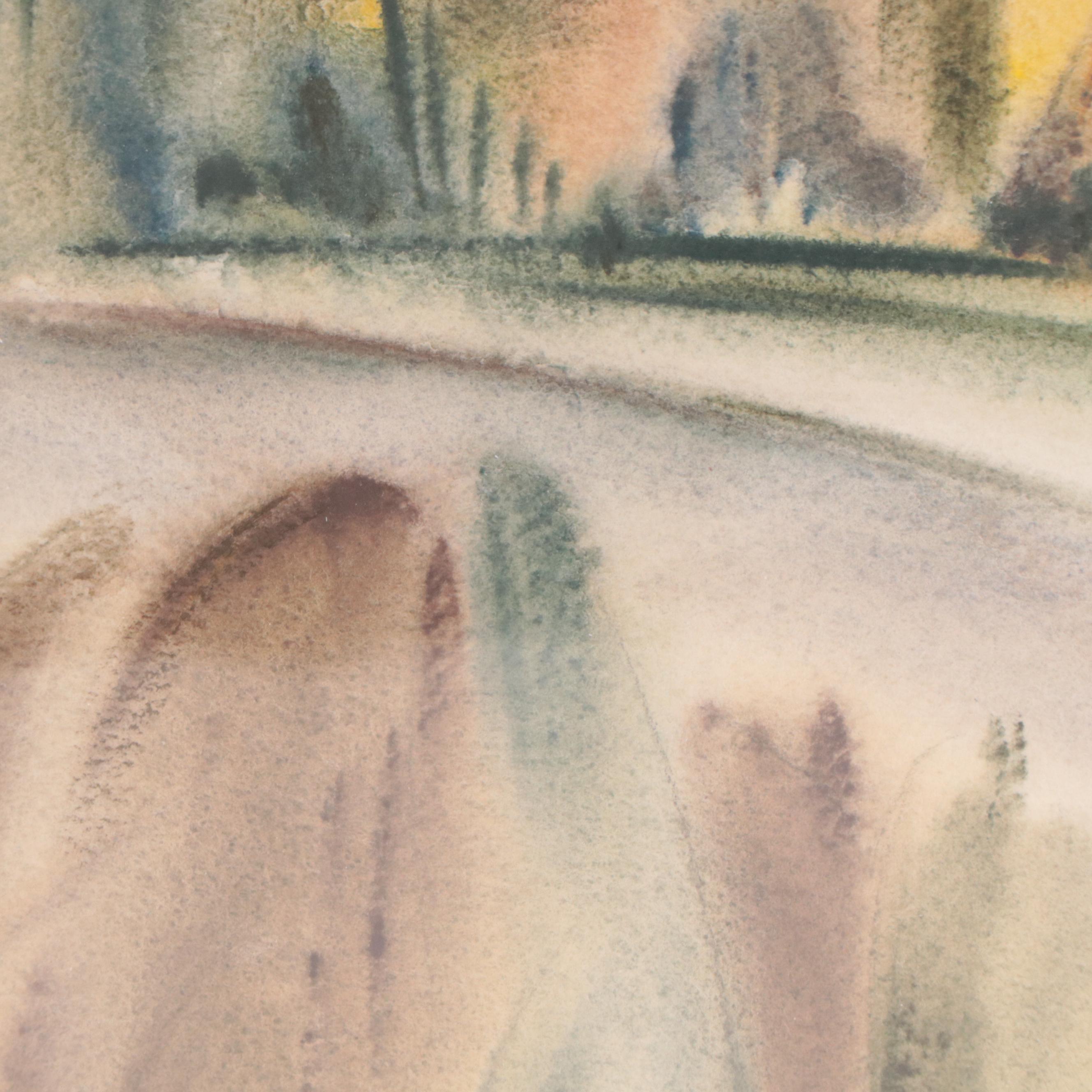 Yngve H. Olsen Modernist Watercolor Painting of Landscape, Mid-20th Century