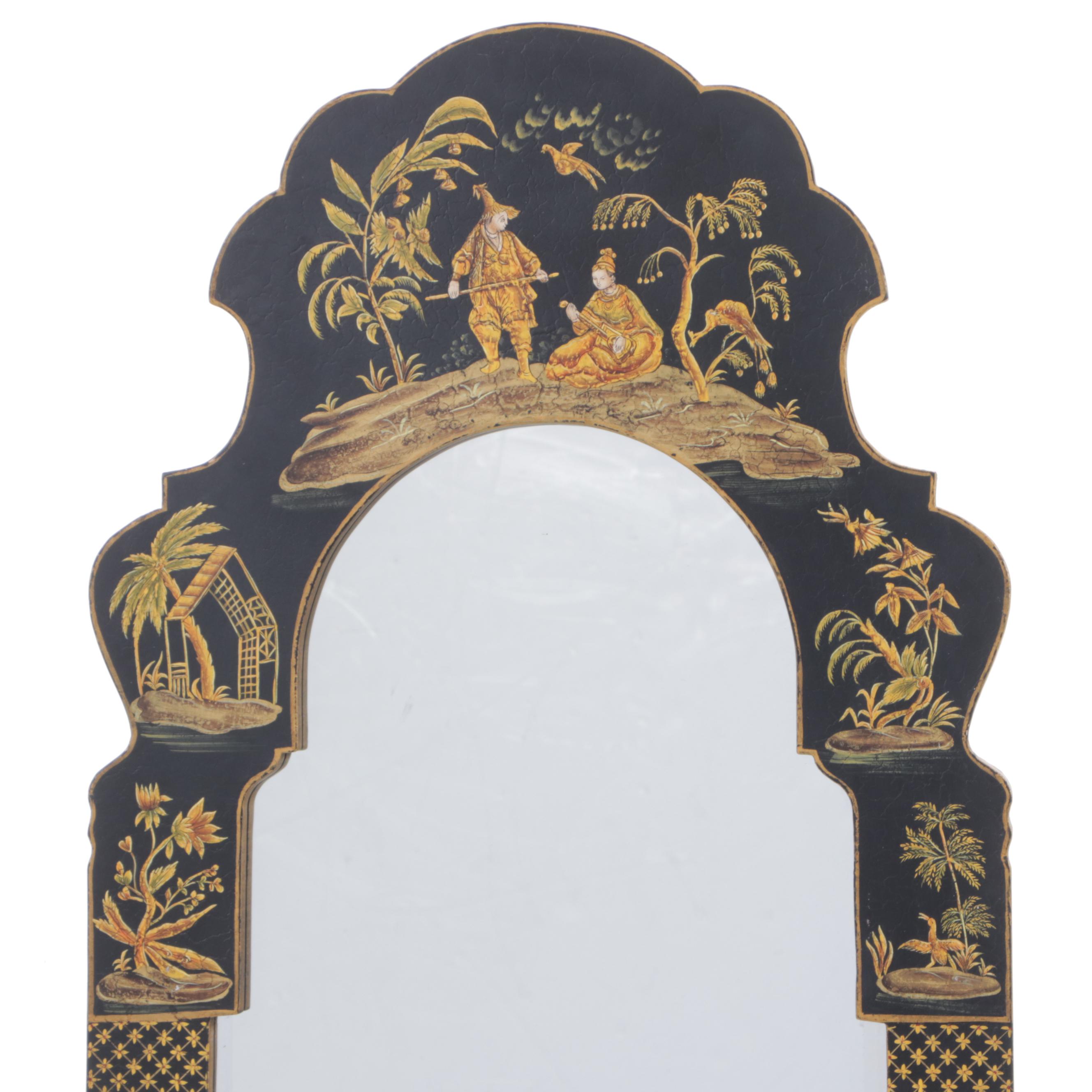 Ebonized, Parcel-Gilt, and Chinoiserie-Decorated Mirror