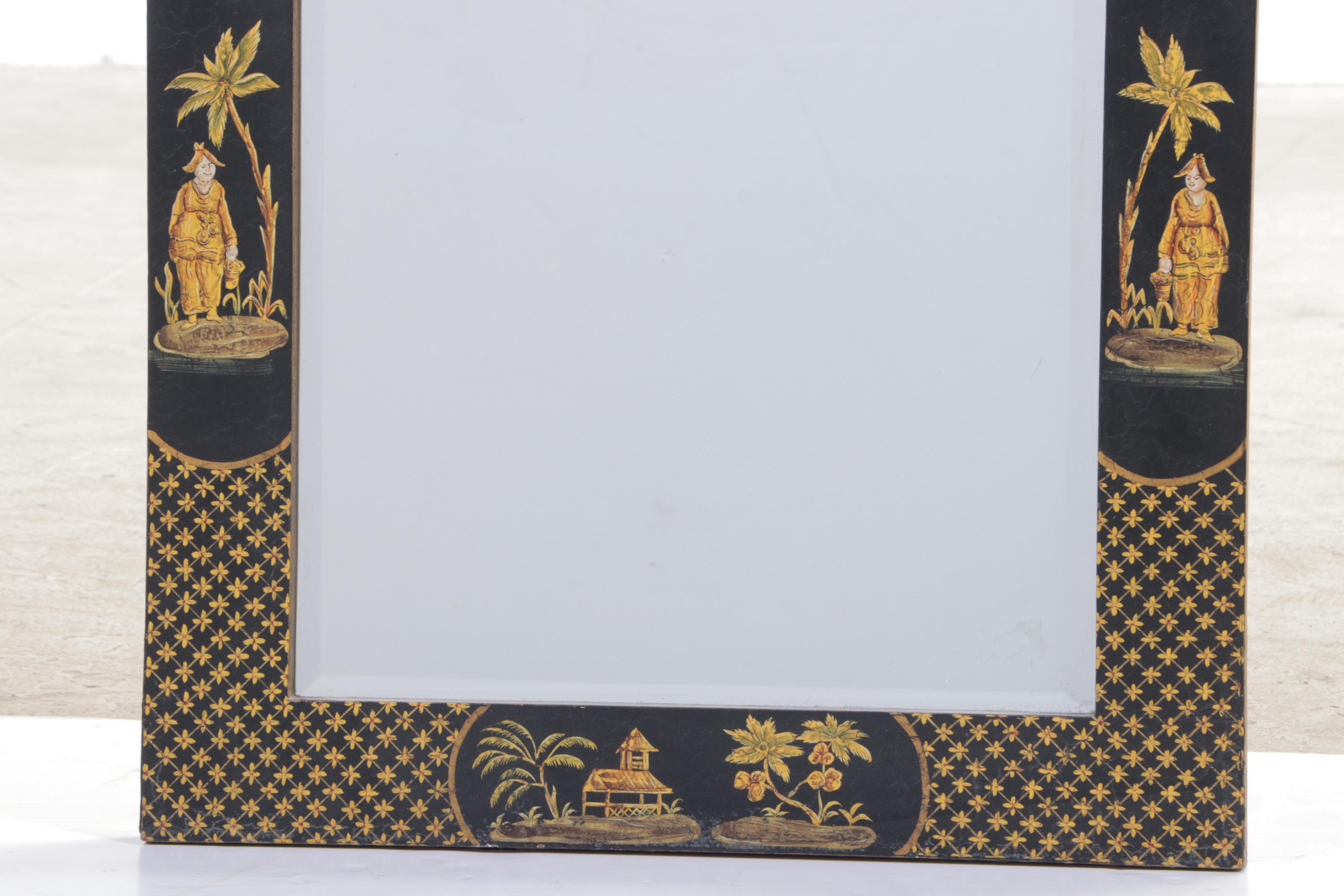 Ebonized, Parcel-Gilt, and Chinoiserie-Decorated Mirror