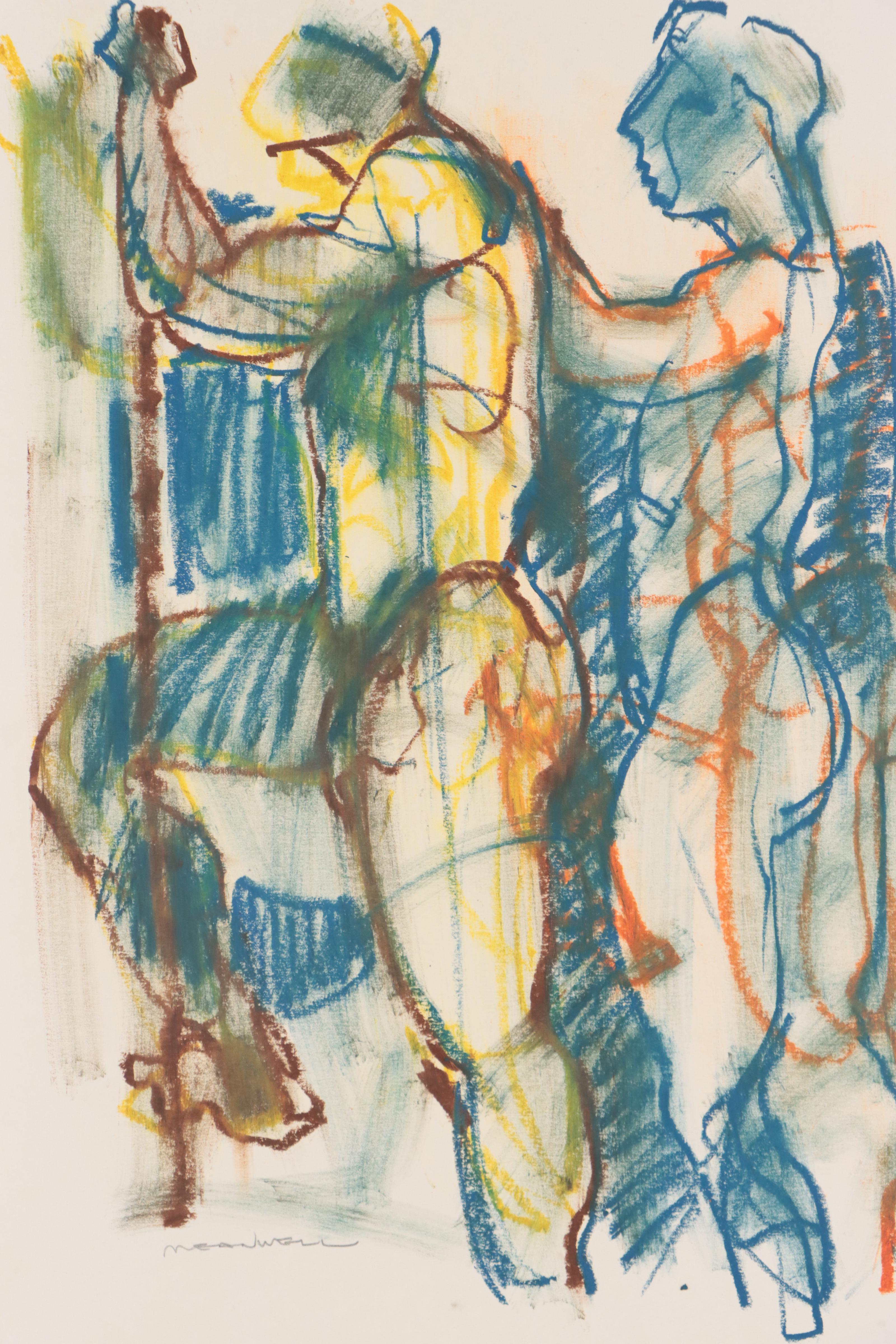 Jack Meanwell Abstract Figural Oil Pastel Drawing