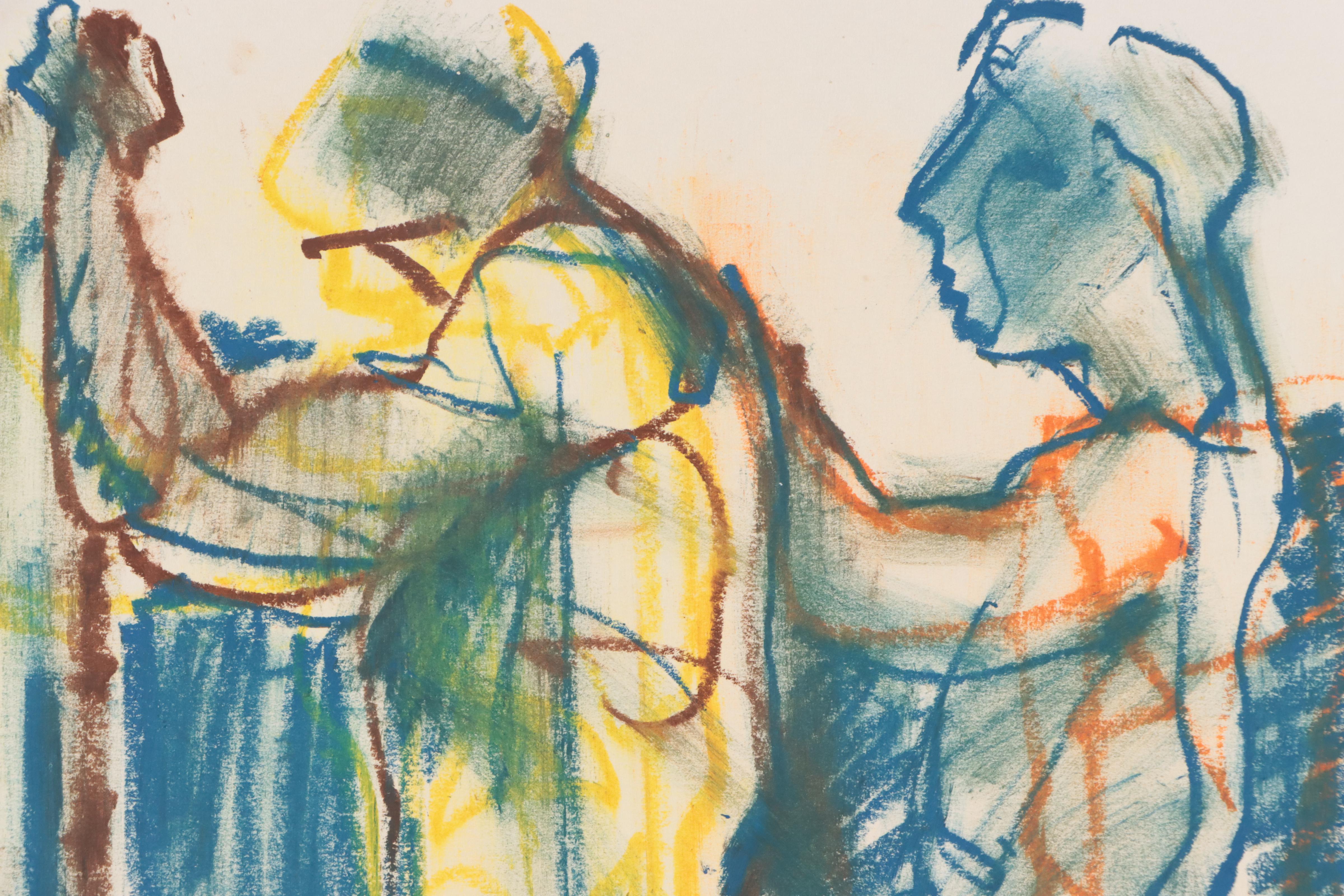 Jack Meanwell Abstract Figural Oil Pastel Drawing