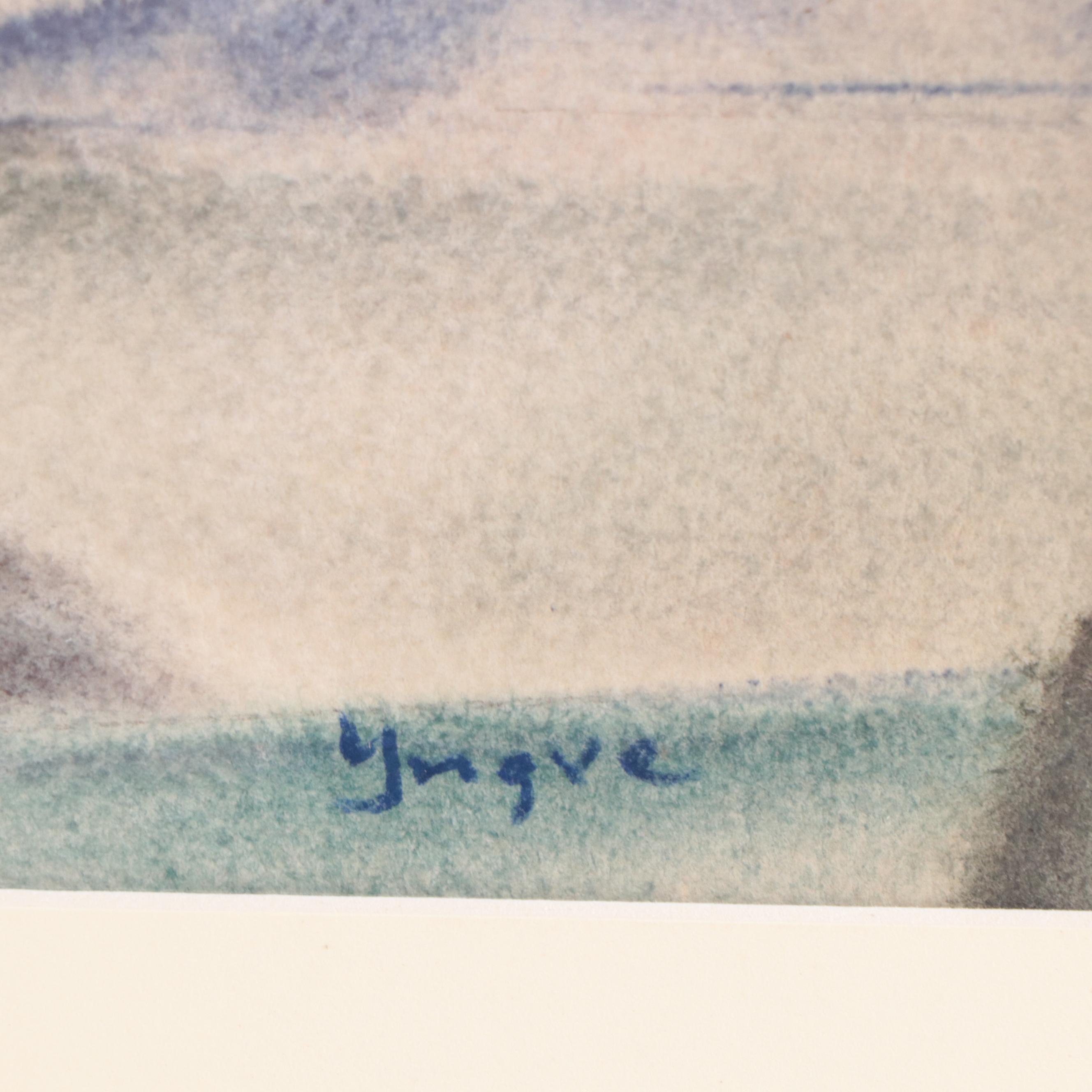 Yngve H. Olsen Modernist Watercolor Painting of Landscape, Mid-20th Century