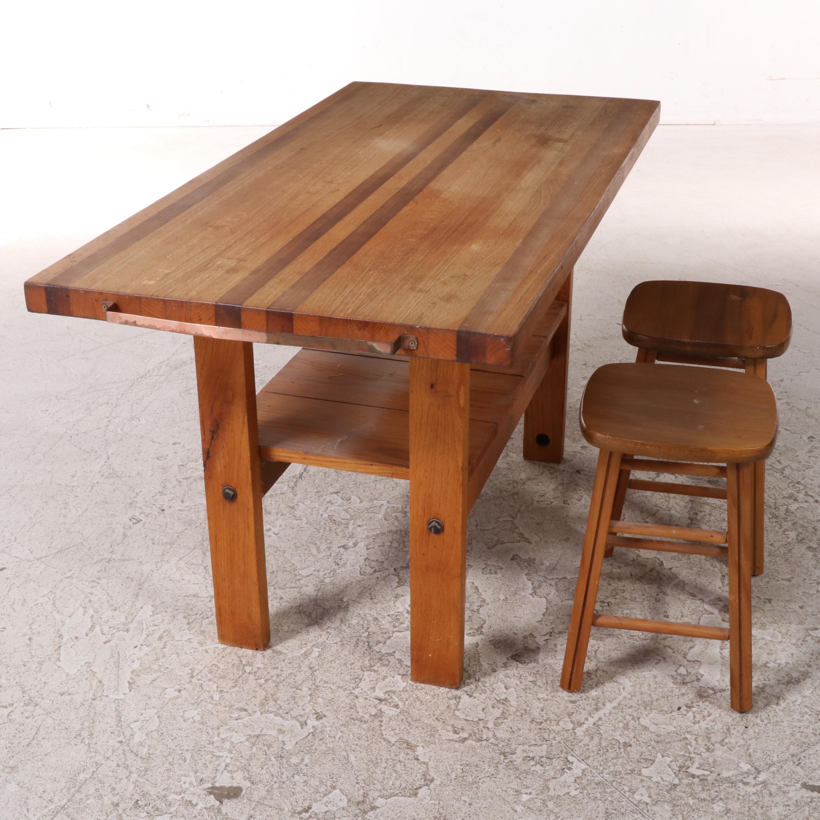 Oak Kitchen Work Table Plus Two Stools, 20th Century