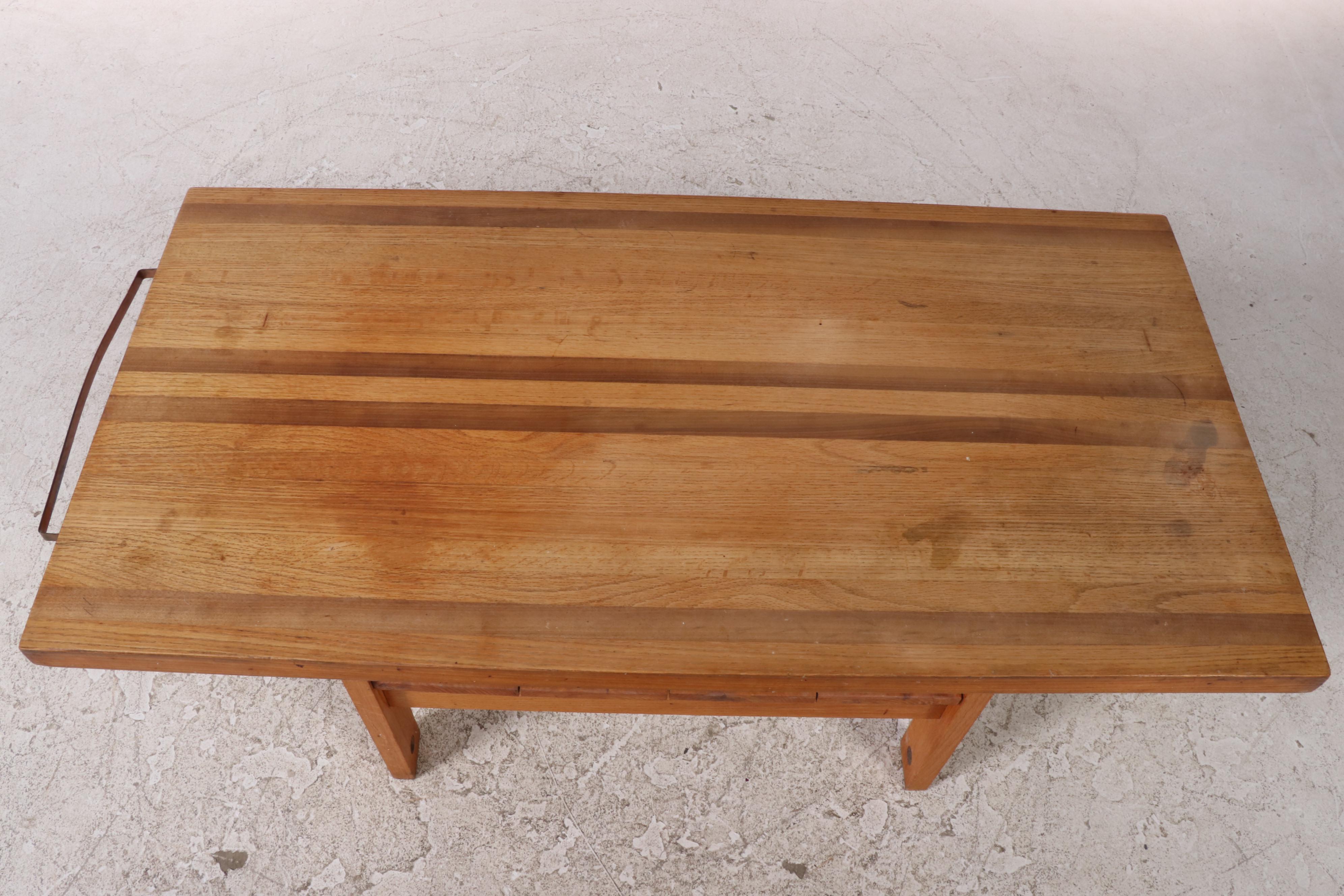 Oak Kitchen Work Table Plus Two Stools, 20th Century