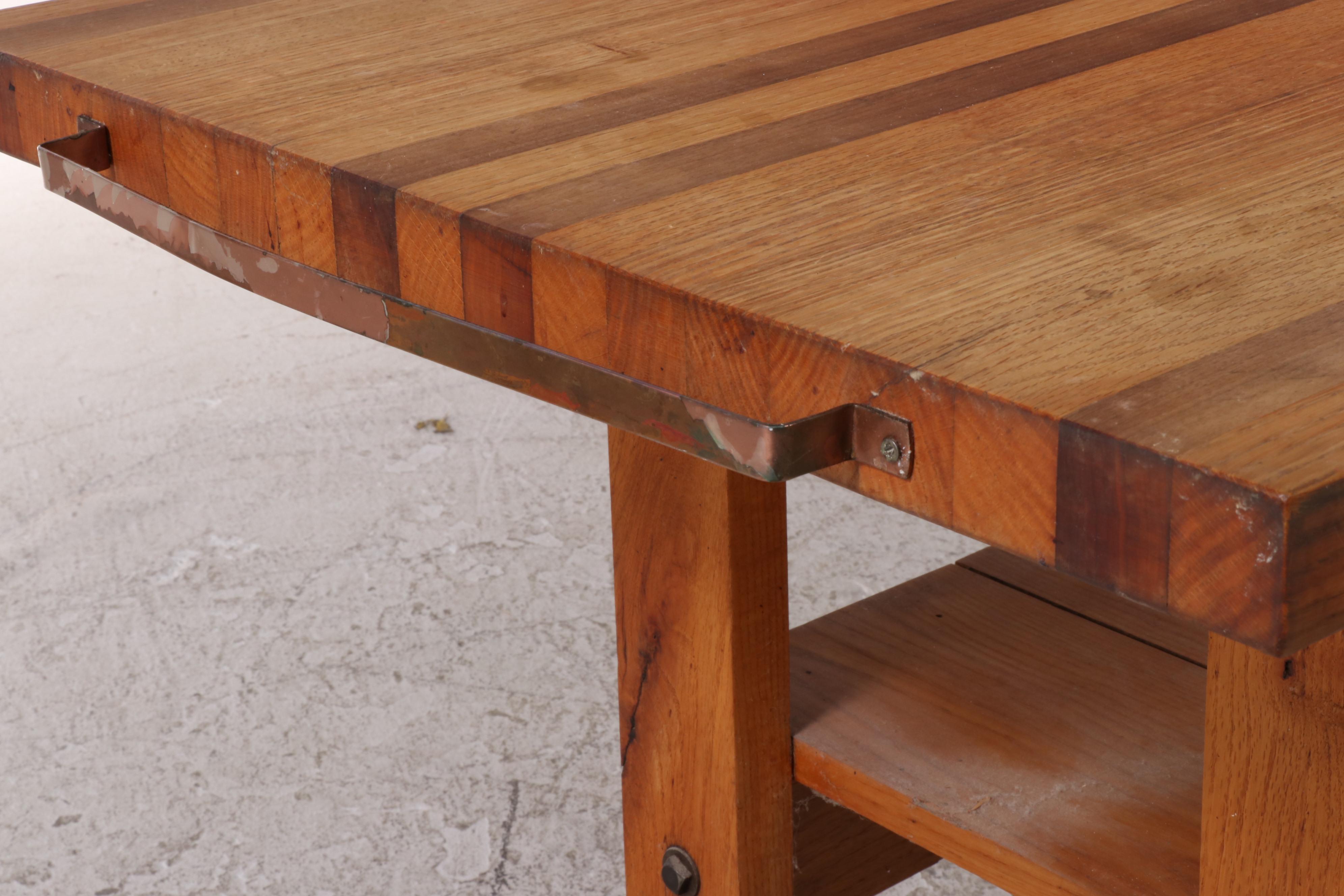 Oak Kitchen Work Table Plus Two Stools, 20th Century