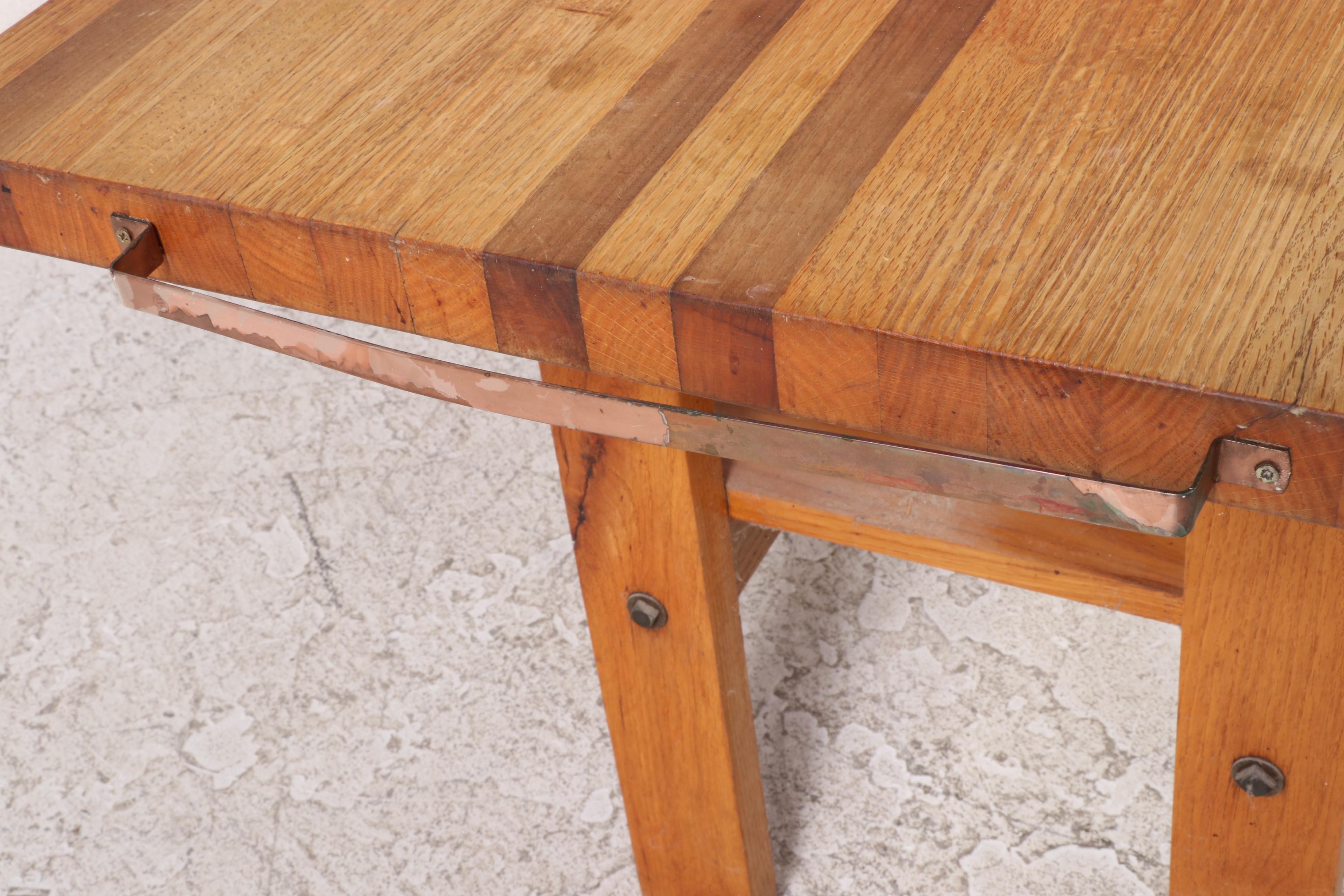 Oak Kitchen Work Table Plus Two Stools, 20th Century