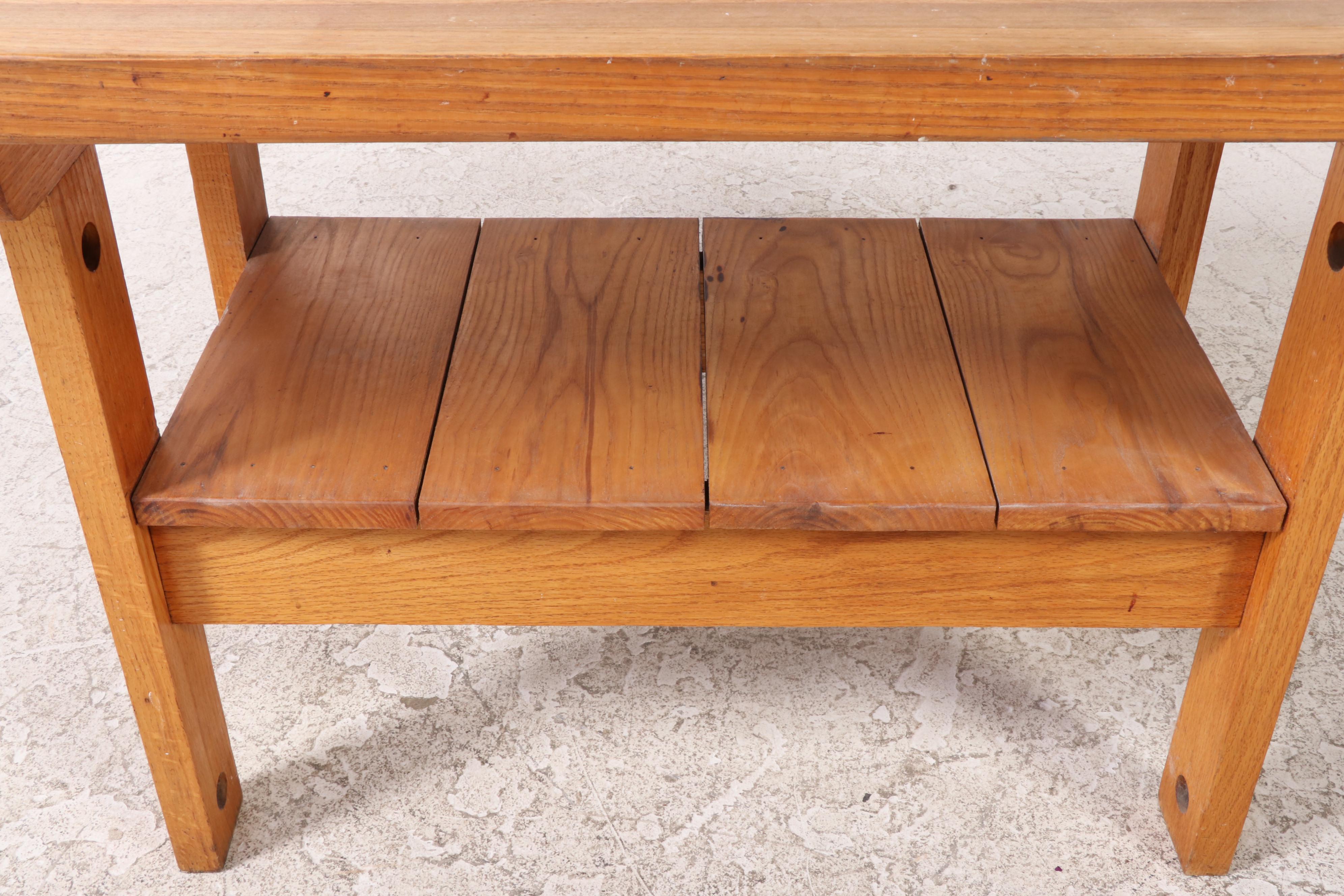 Oak Kitchen Work Table Plus Two Stools, 20th Century