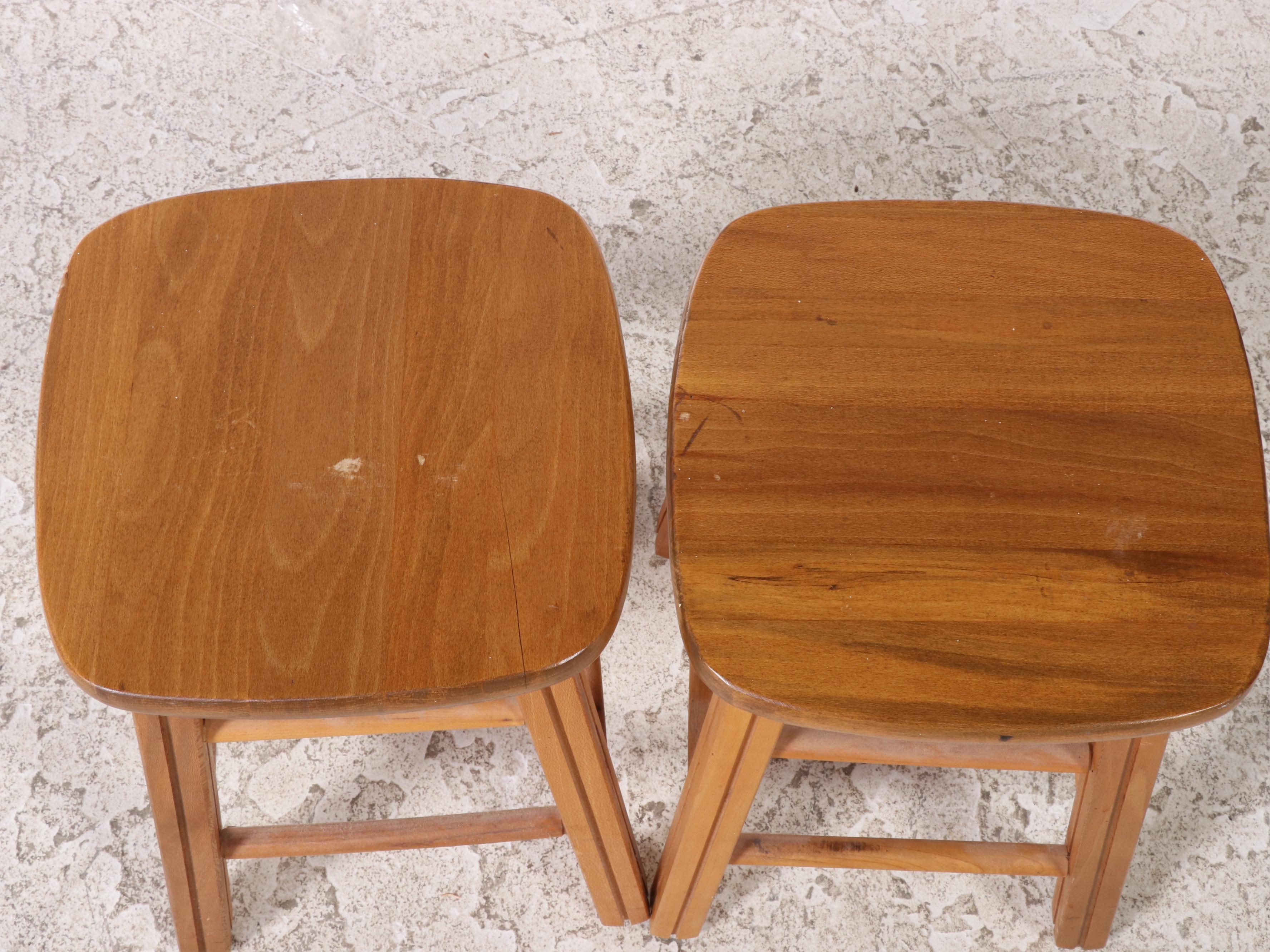 Oak Kitchen Work Table Plus Two Stools, 20th Century