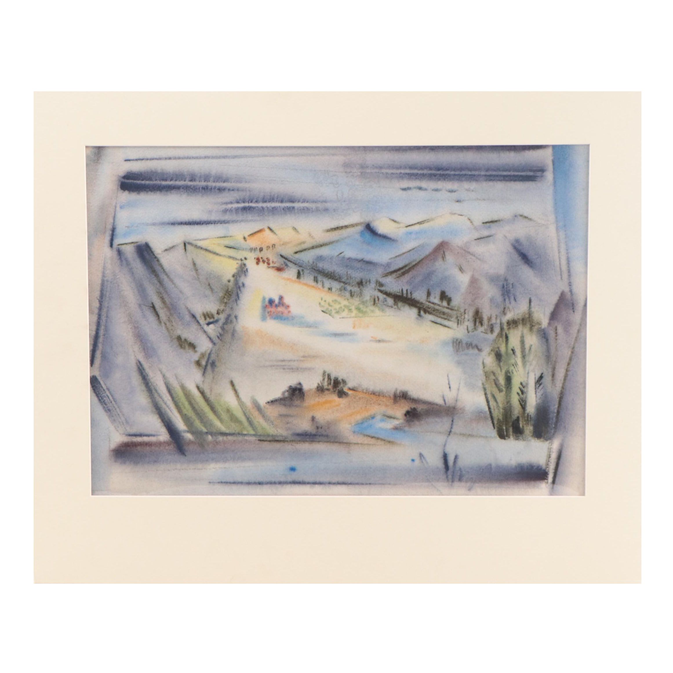 Yngve H. Olsen Modernist Watercolor Painting of Landscape, Mid-20th Century