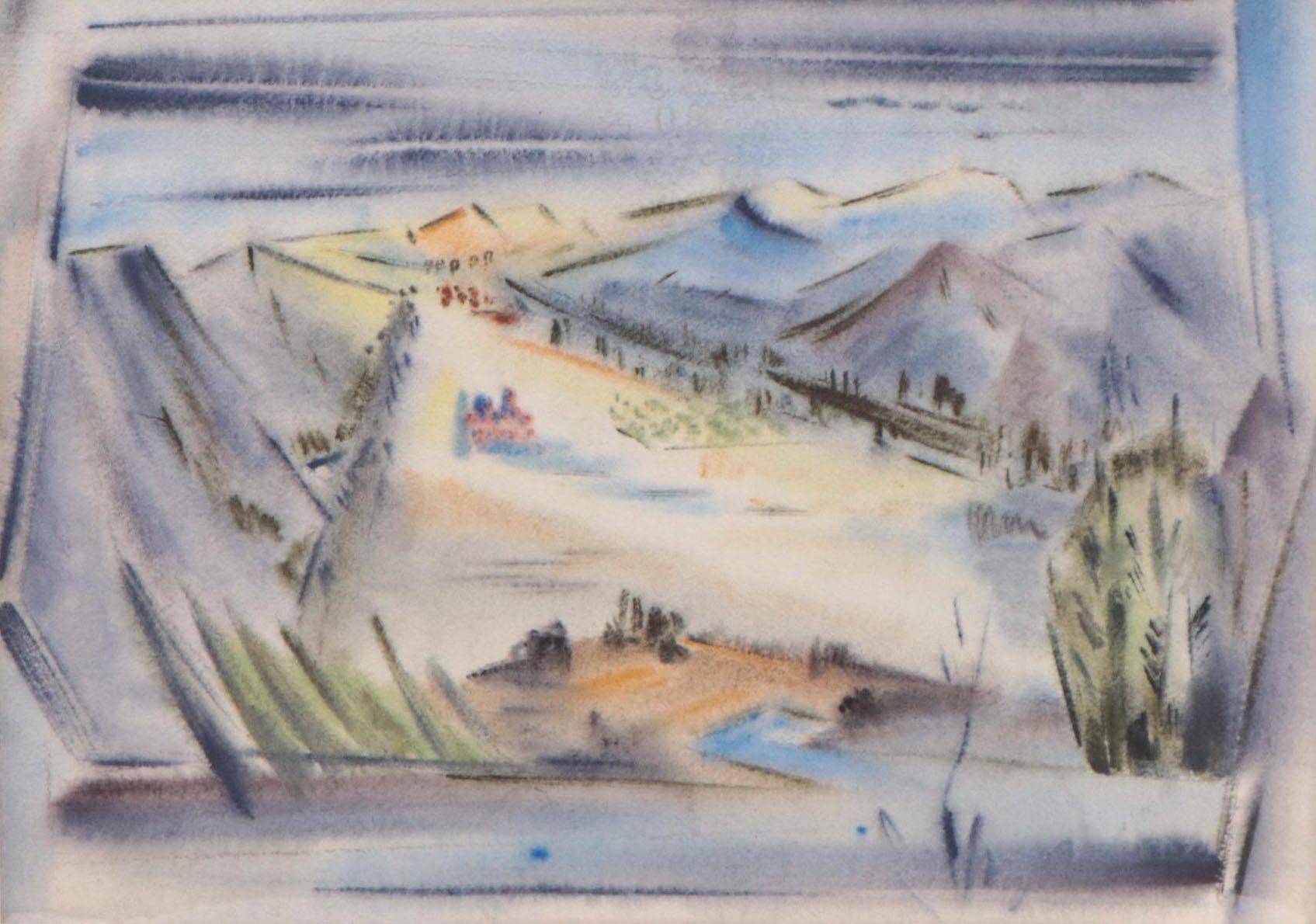 Yngve H. Olsen Modernist Watercolor Painting of Landscape, Mid-20th Century